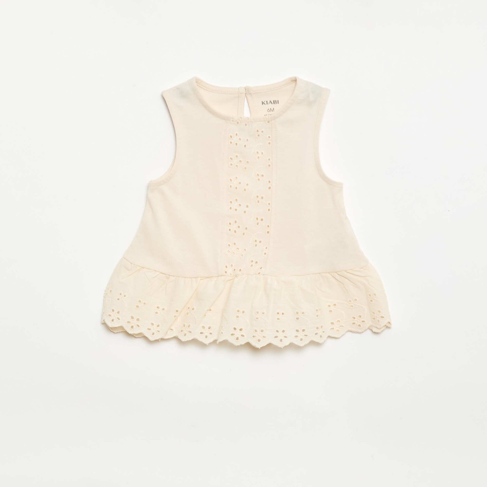 T-shirt sans manches en jersey de coton et détails en broderie anglaise ECRU