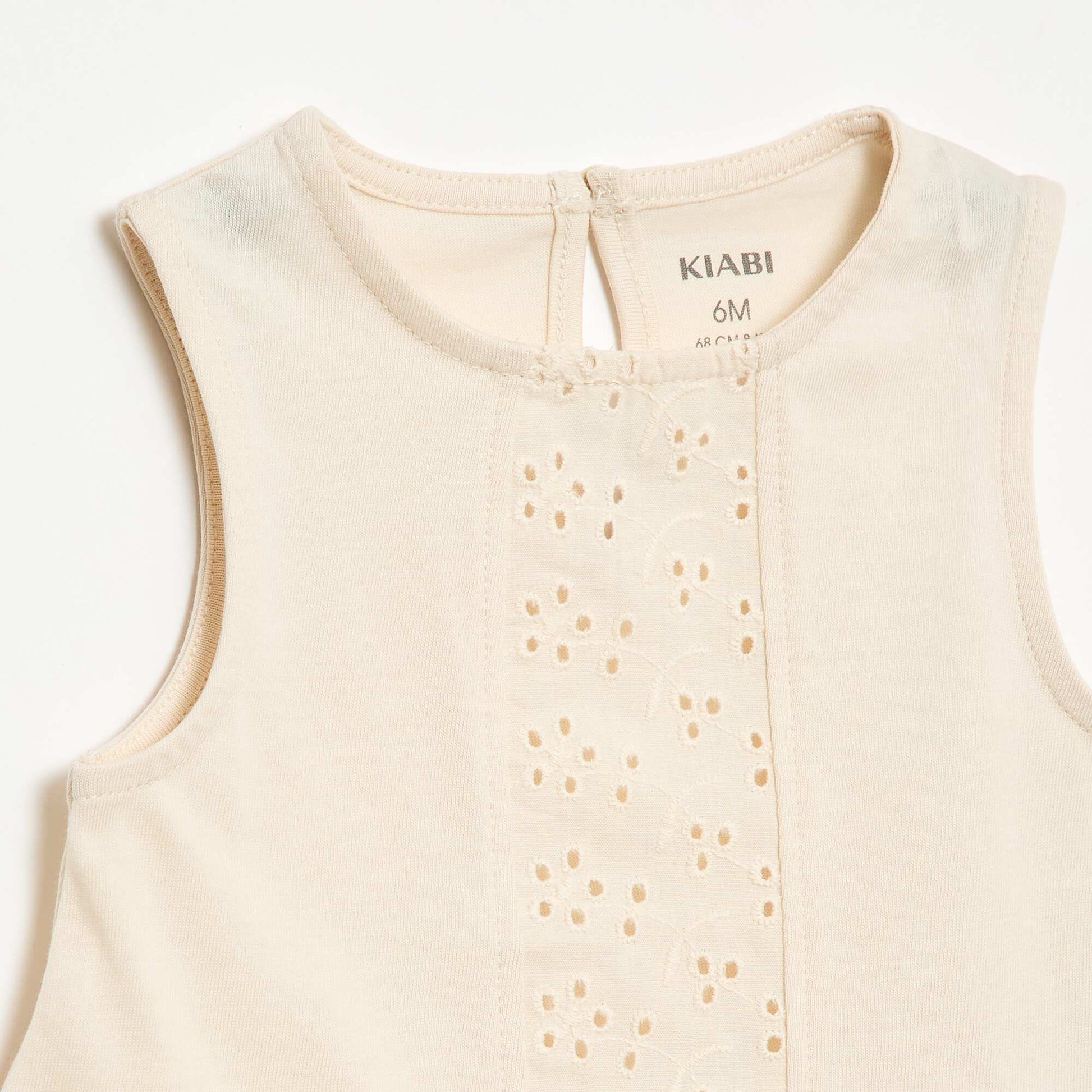T-shirt sans manches en jersey de coton et détails en broderie anglaise ECRU