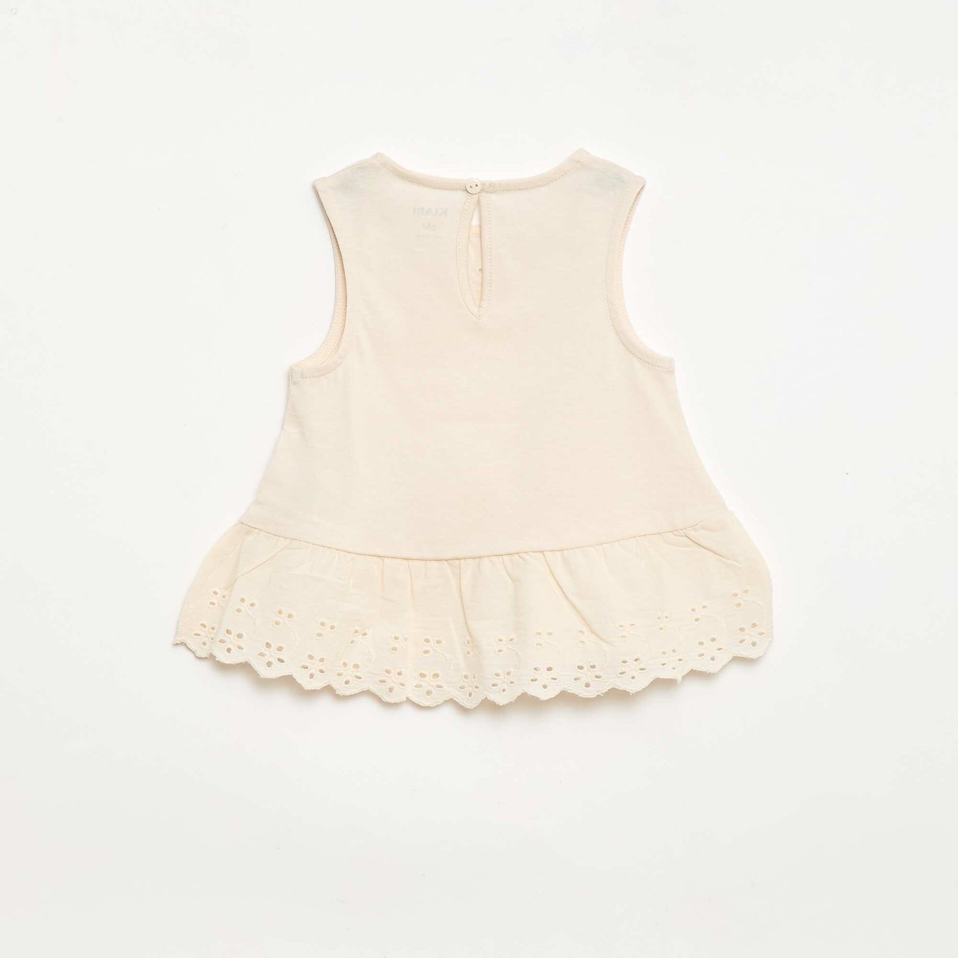 T-shirt sans manches en jersey de coton et détails en broderie anglaise ECRU