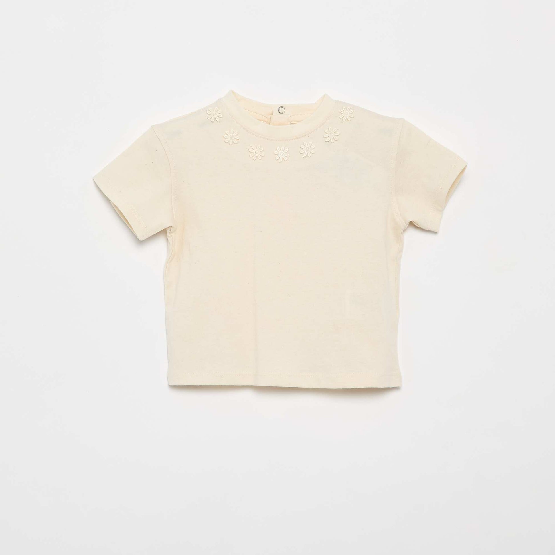 T-shirt uni avec fleurs fantaisies au col BEIGE