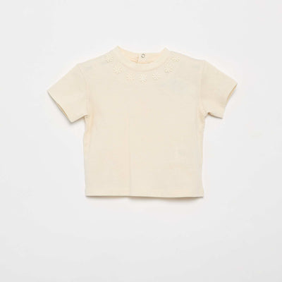 T-shirt uni avec fleurs fantaisies au col BEIGE