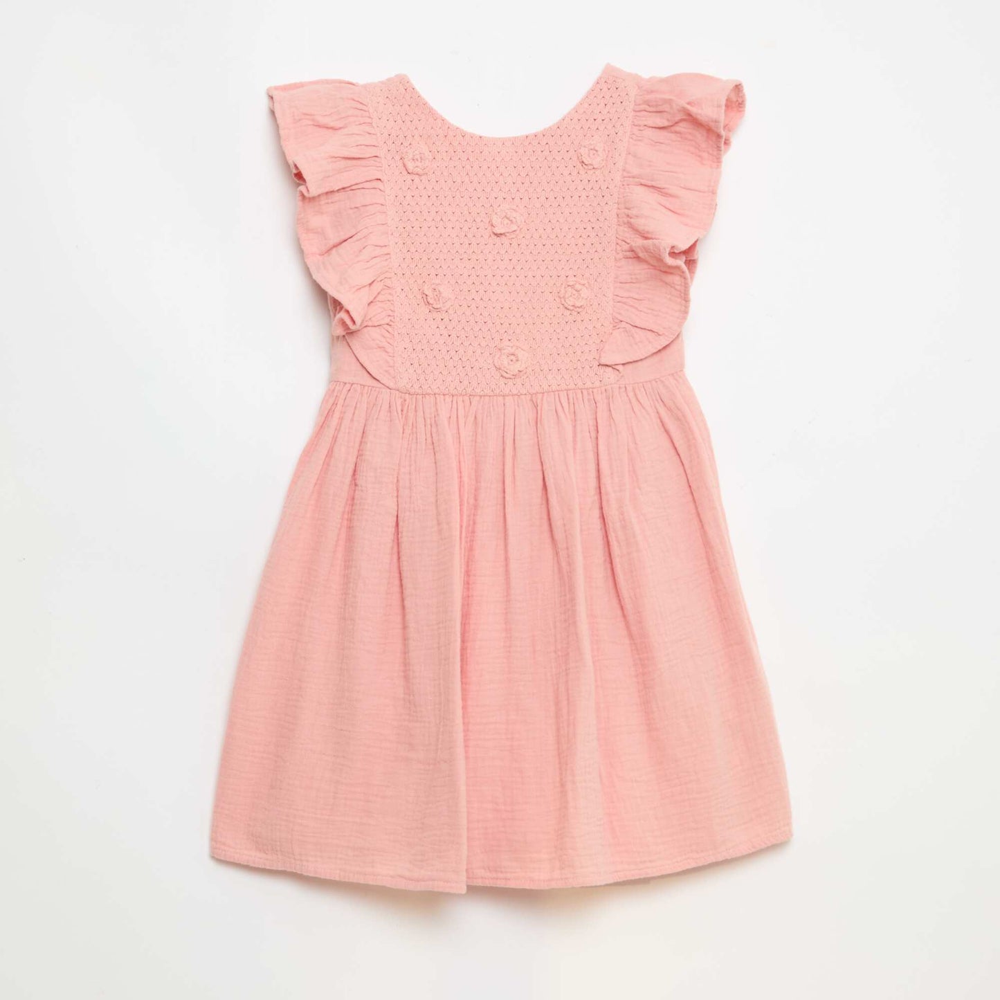 Robe manches courtes avec broderies au col en coton ROSE