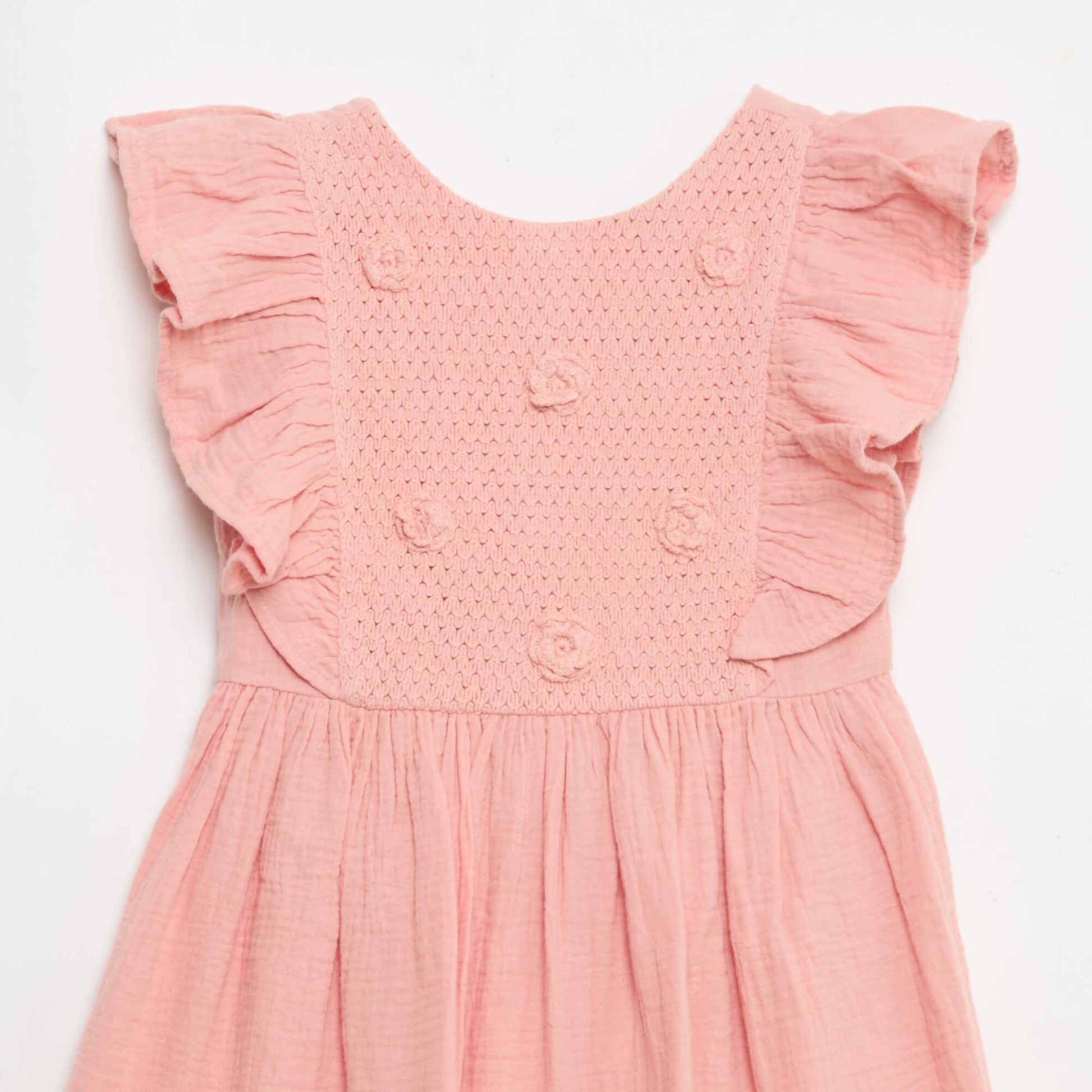 Robe manches courtes avec broderies au col en coton ROSE