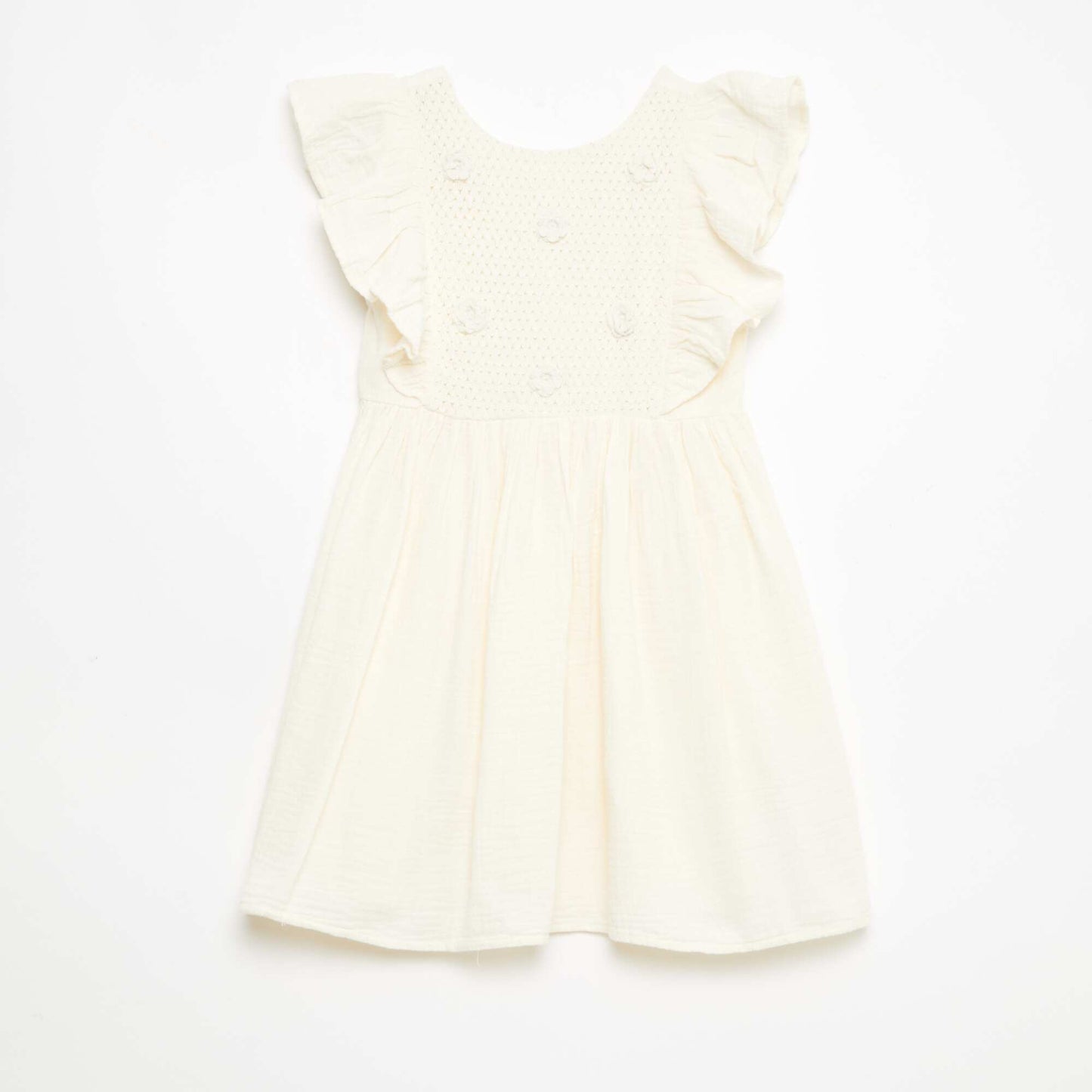 Robe manches courtes avec broderies au col en coton BLANC