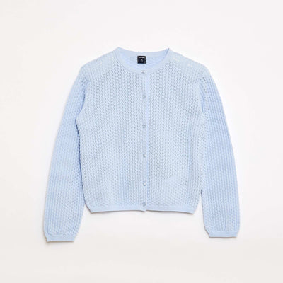 Pull en maille ajourée à col rond BLEU