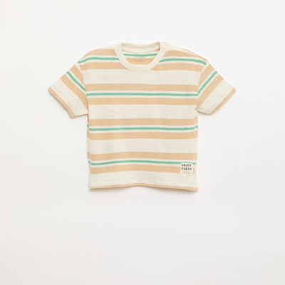T-shirt rayé en jersey coton et lin BEIGE