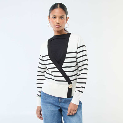 Pull effet gilet cache-coeur avec bouton doré BLANC/NOIR