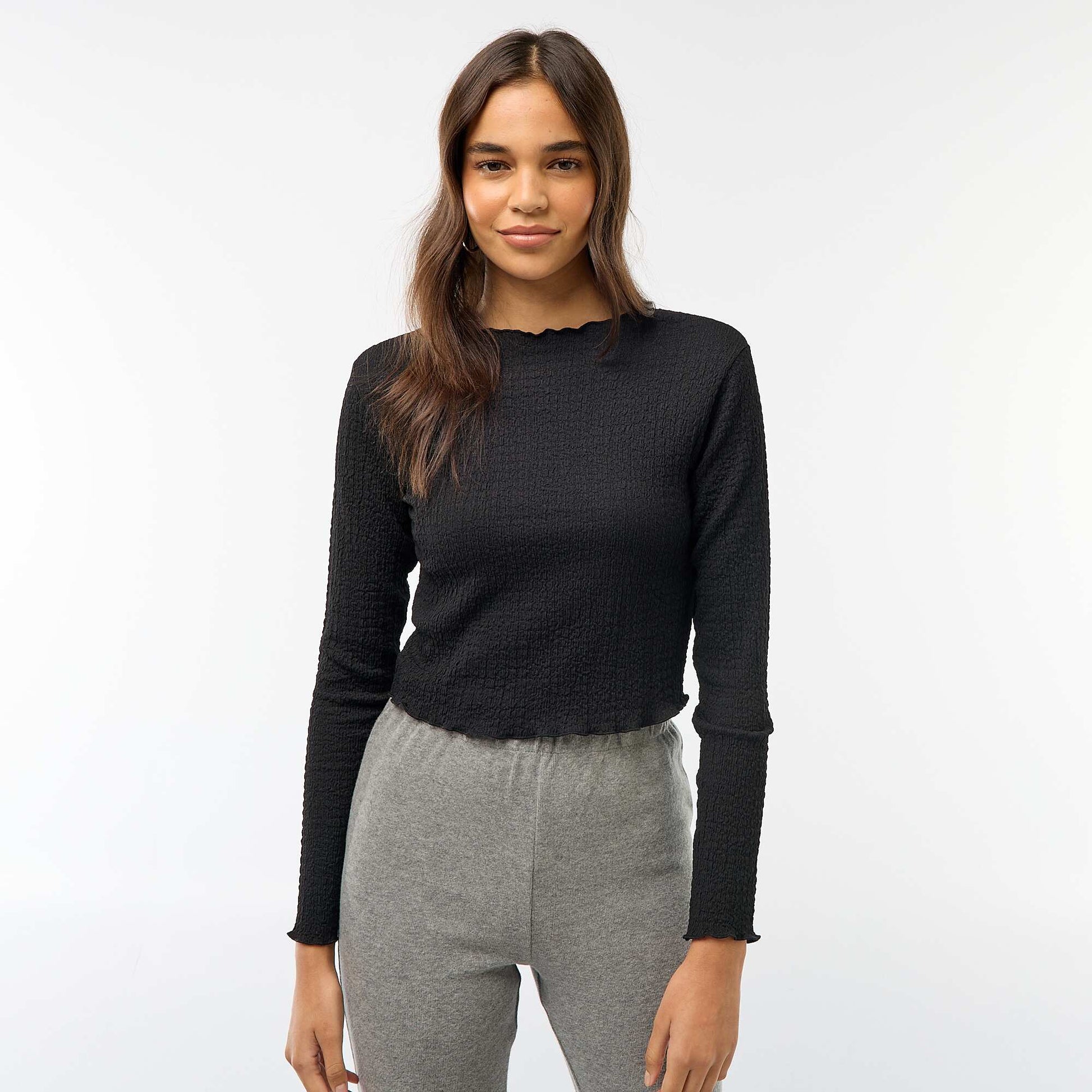 Tee-shirt cropped à manches longues et matière crêpée NOIR