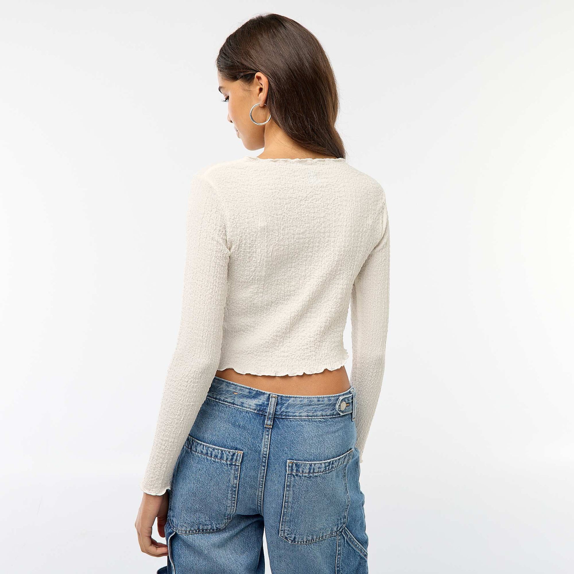 Tee-shirt cropped à manches longues et matière crêpée BLANC