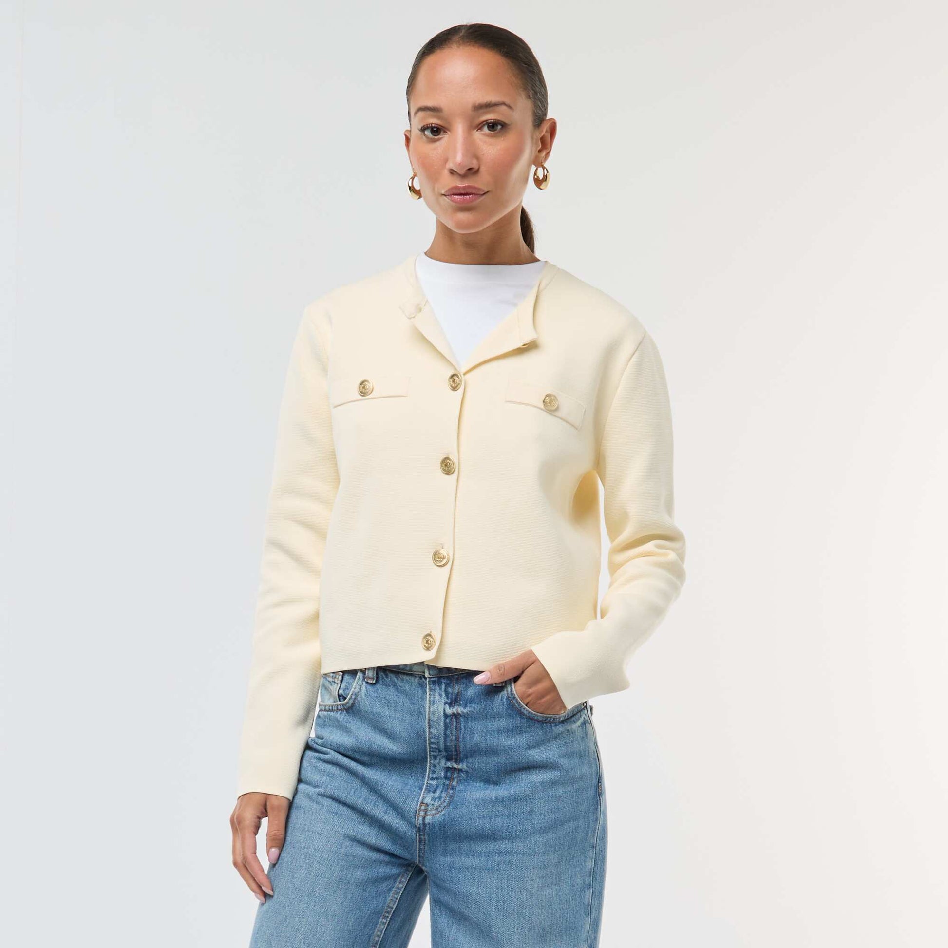 Gilet boutons dorés maille texturée ECRU