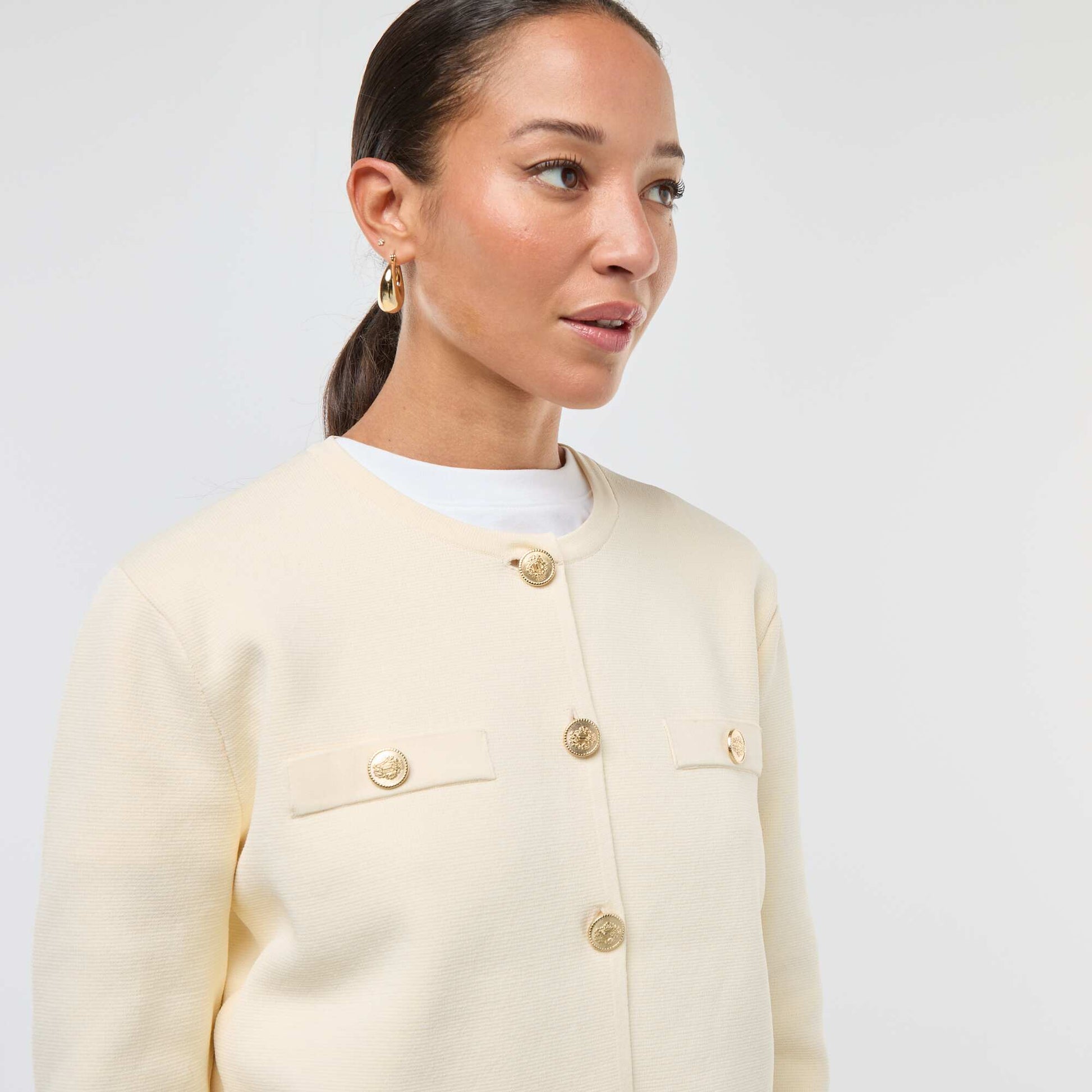 Gilet boutons dorés maille texturée ECRU