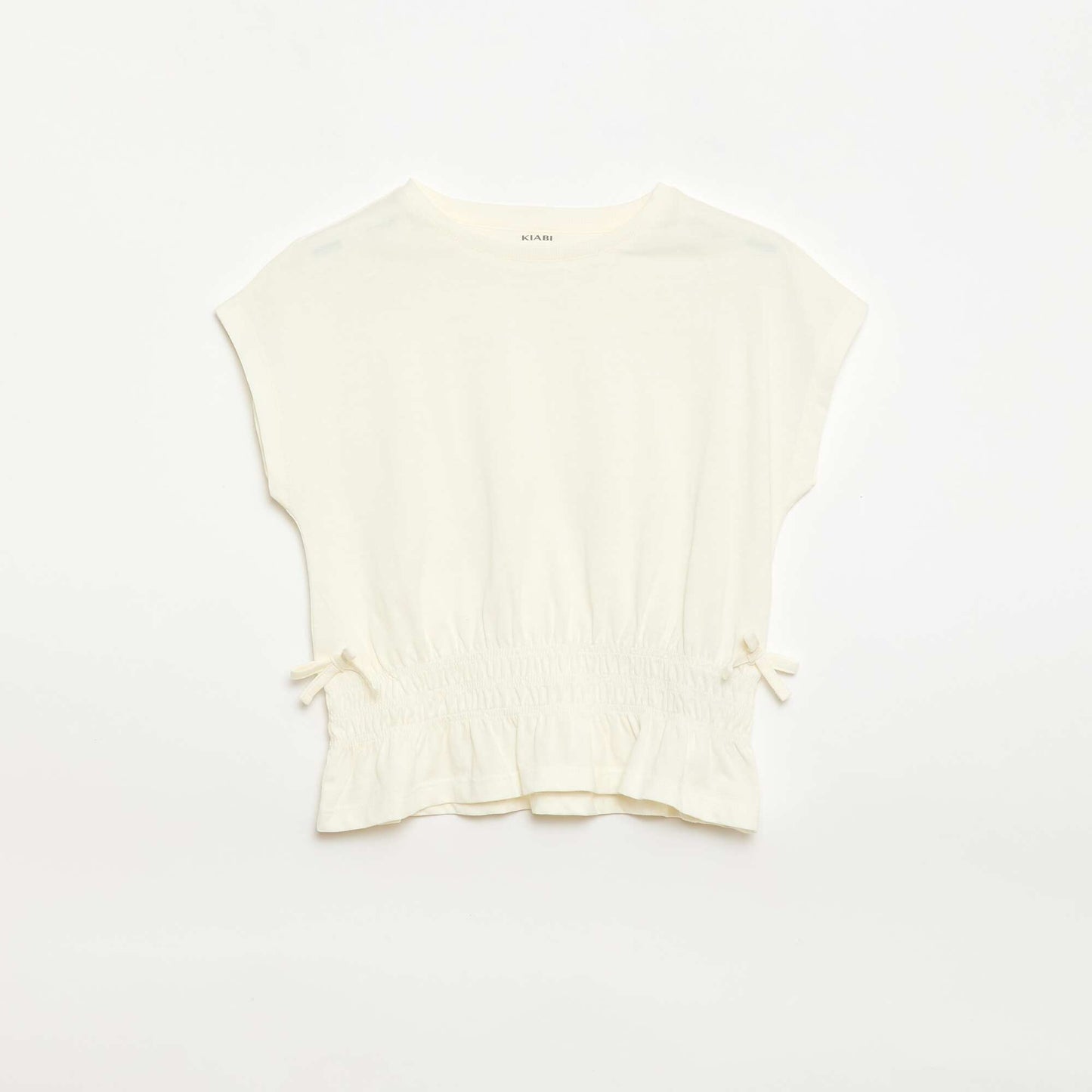 T-shirt avec empiècement smocks et nœuds à la taille ECRU