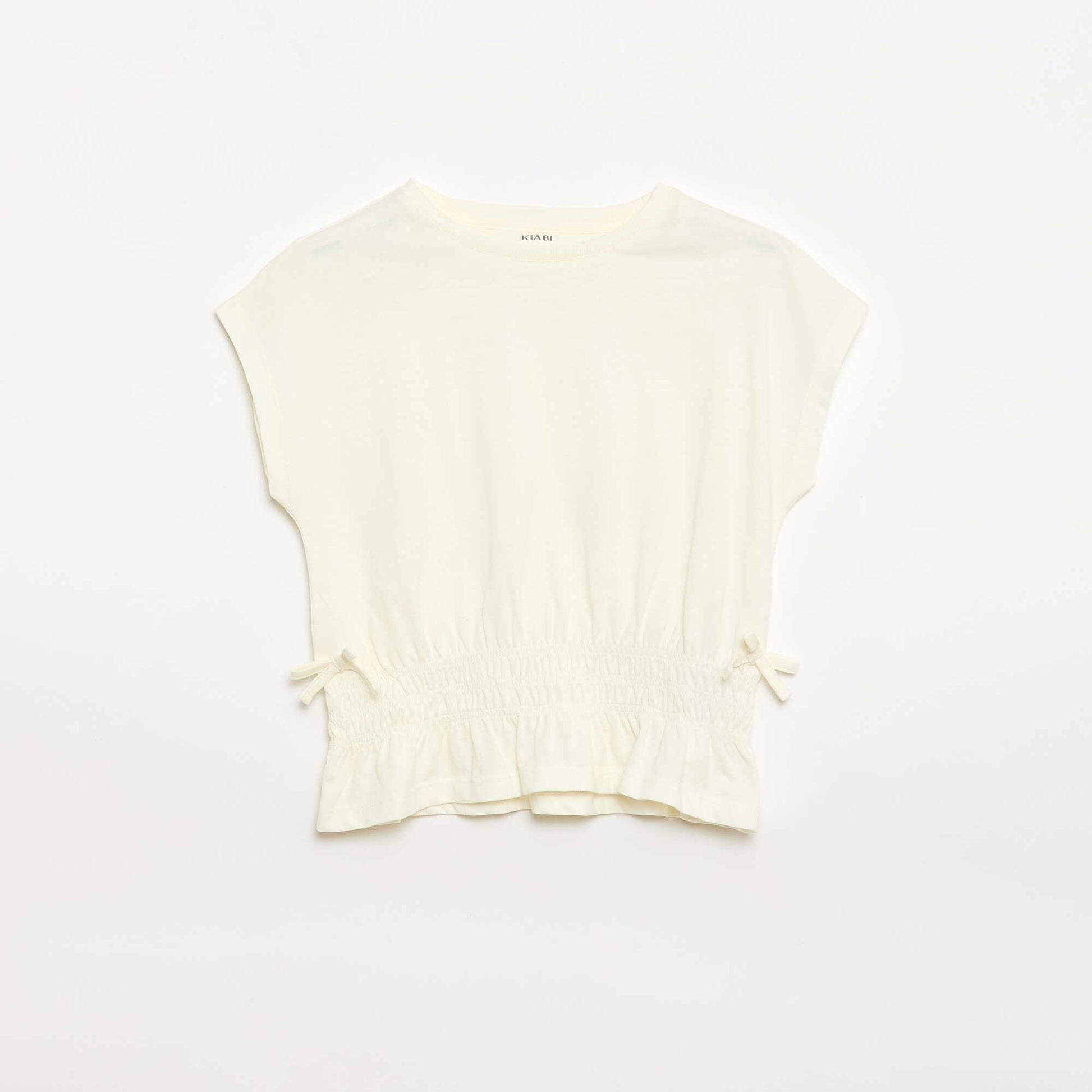 T-shirt avec empiècement smocks et nœuds à la taille ECRU
