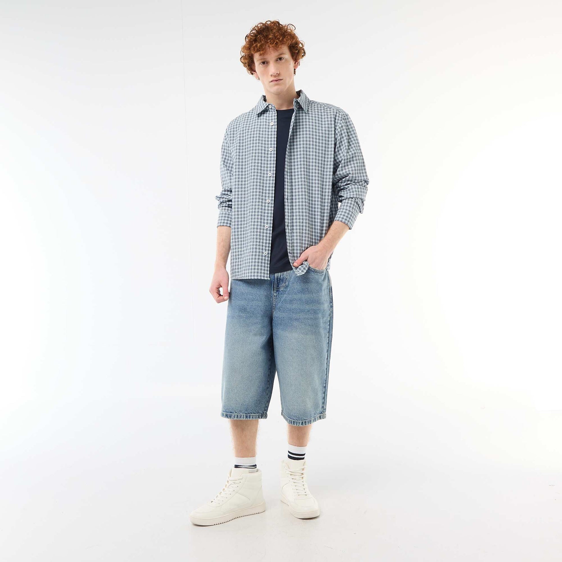 Bermuda long denim en coton BLEU