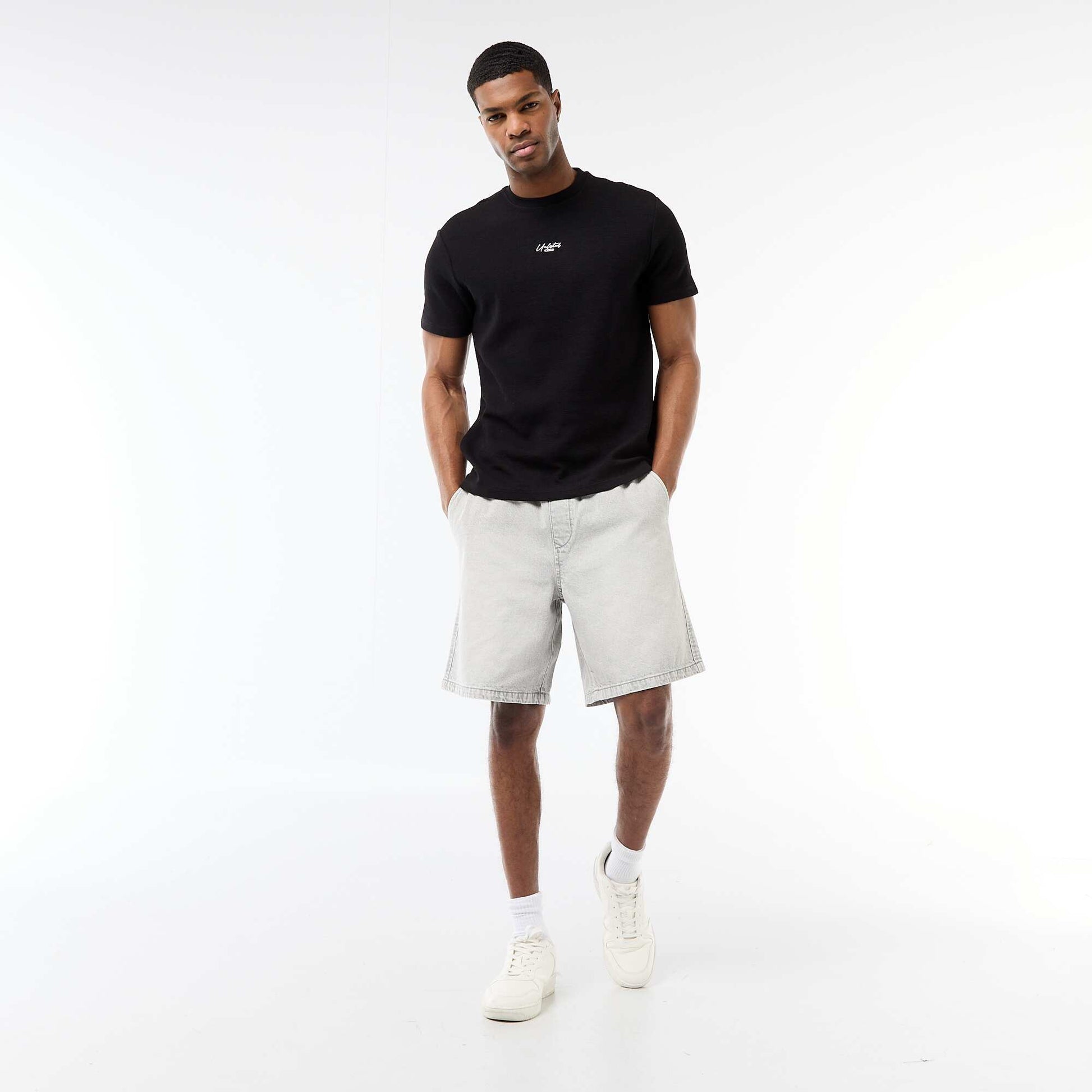 Bermuda en jean avec taille élastiquée GRIS
