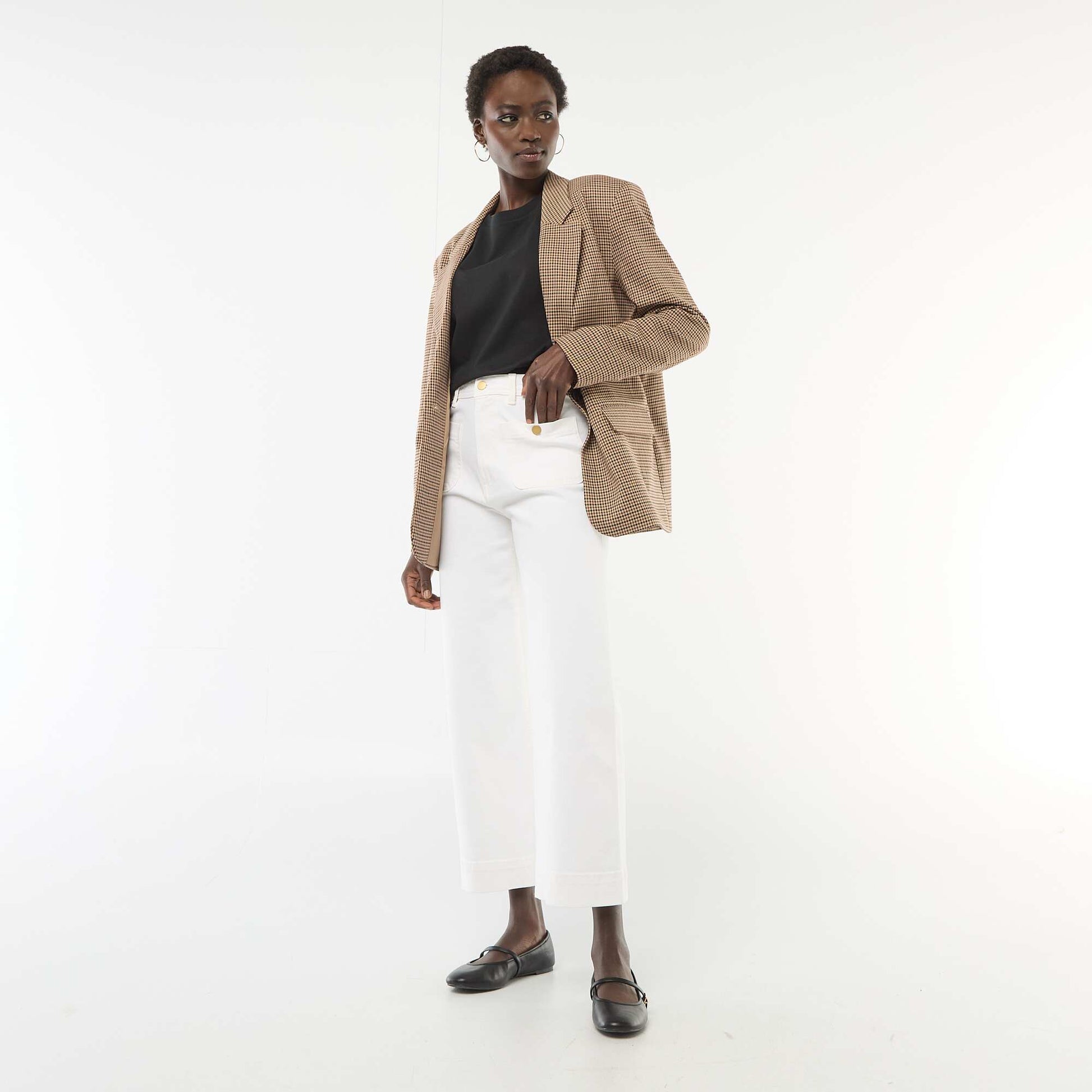 Pantalon denim cropped avec boutons BLANC