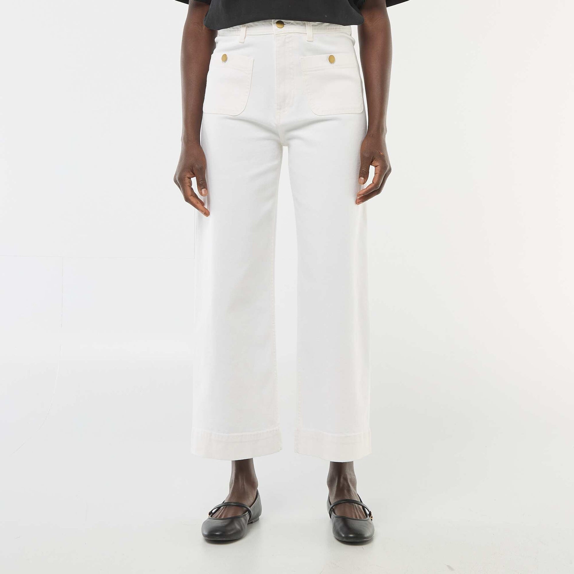 Pantalon denim cropped avec boutons BLANC
