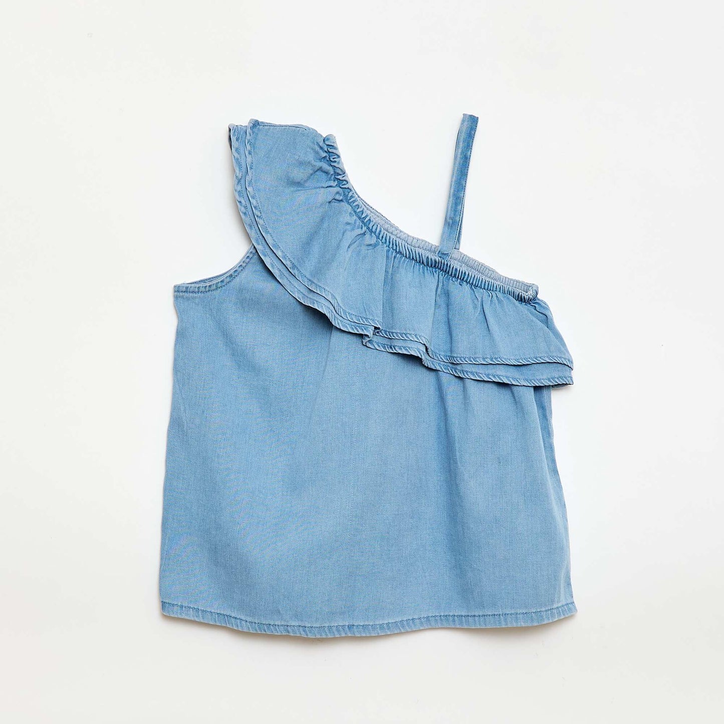 Top asymétrique à bretelles et col à volants BLEU
