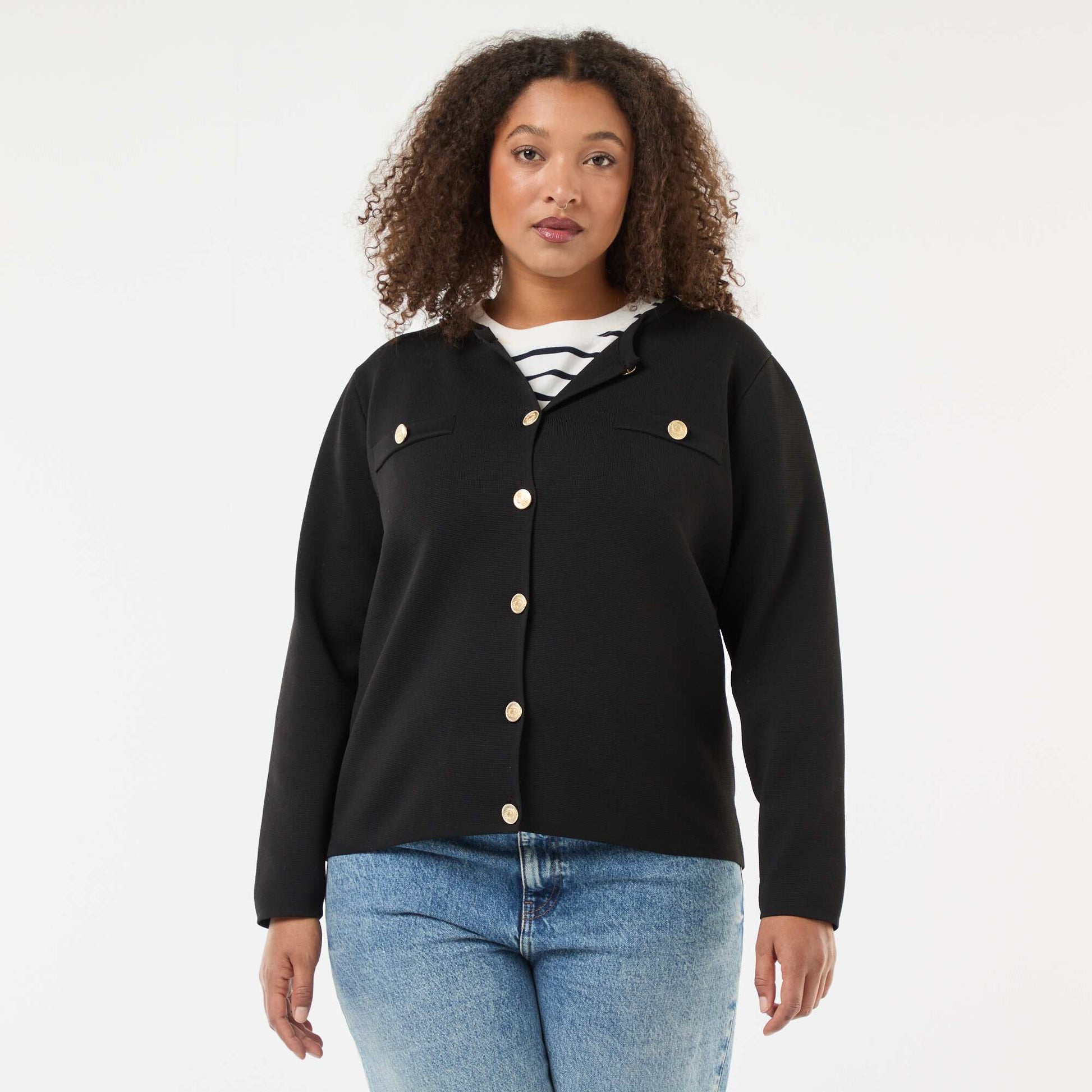 Gilet maille reliefée avec boutons rétro NOIR