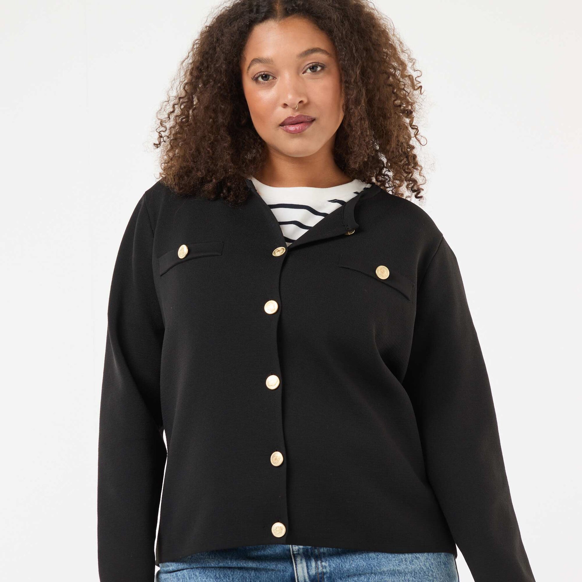 Gilet maille reliefée avec boutons rétro NOIR