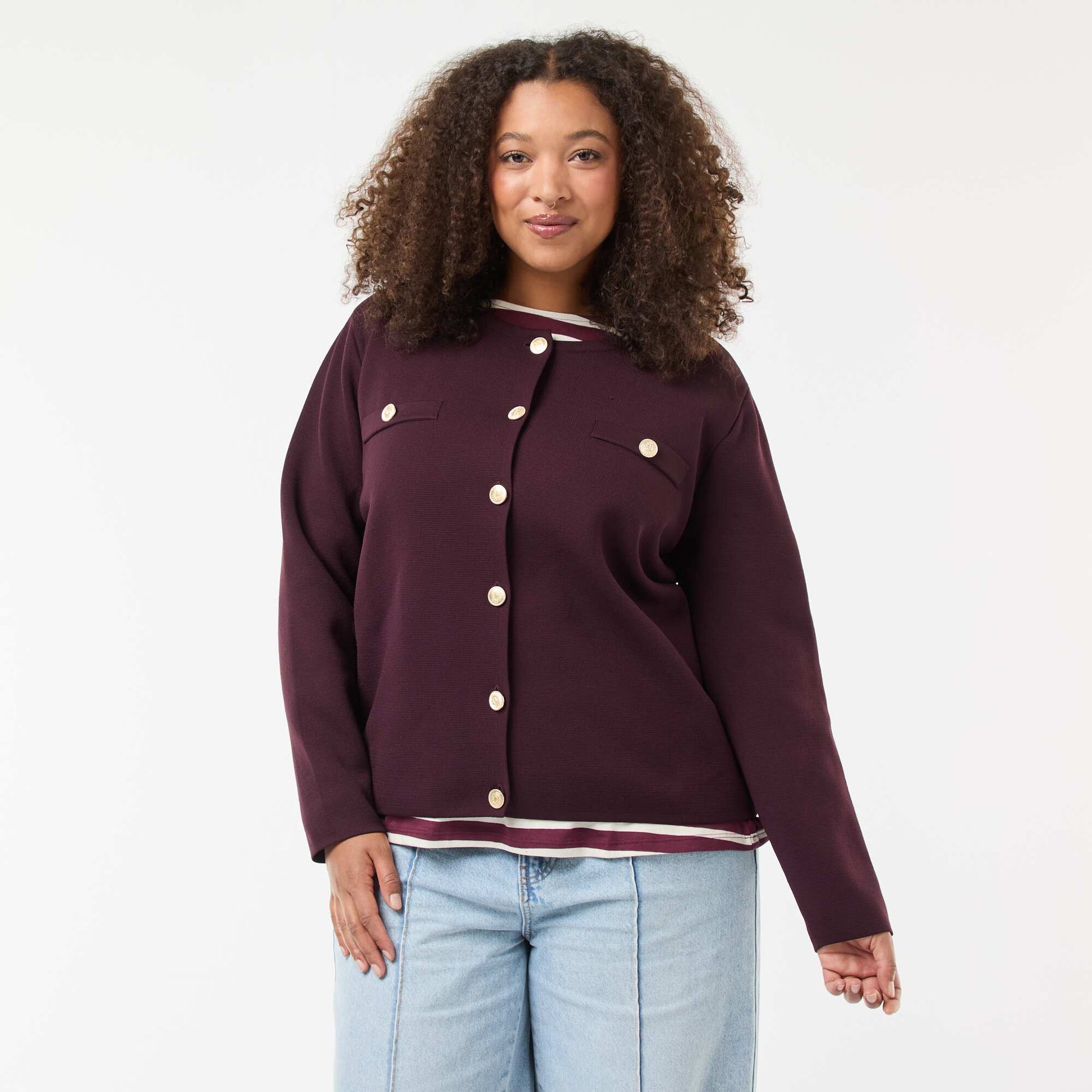 Gilet maille reliefée avec boutons rétro BORDEAUX