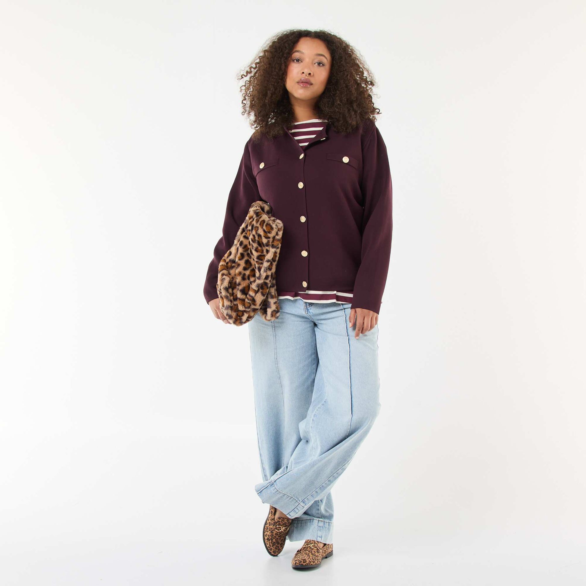 Gilet maille reliefée avec boutons rétro BORDEAUX