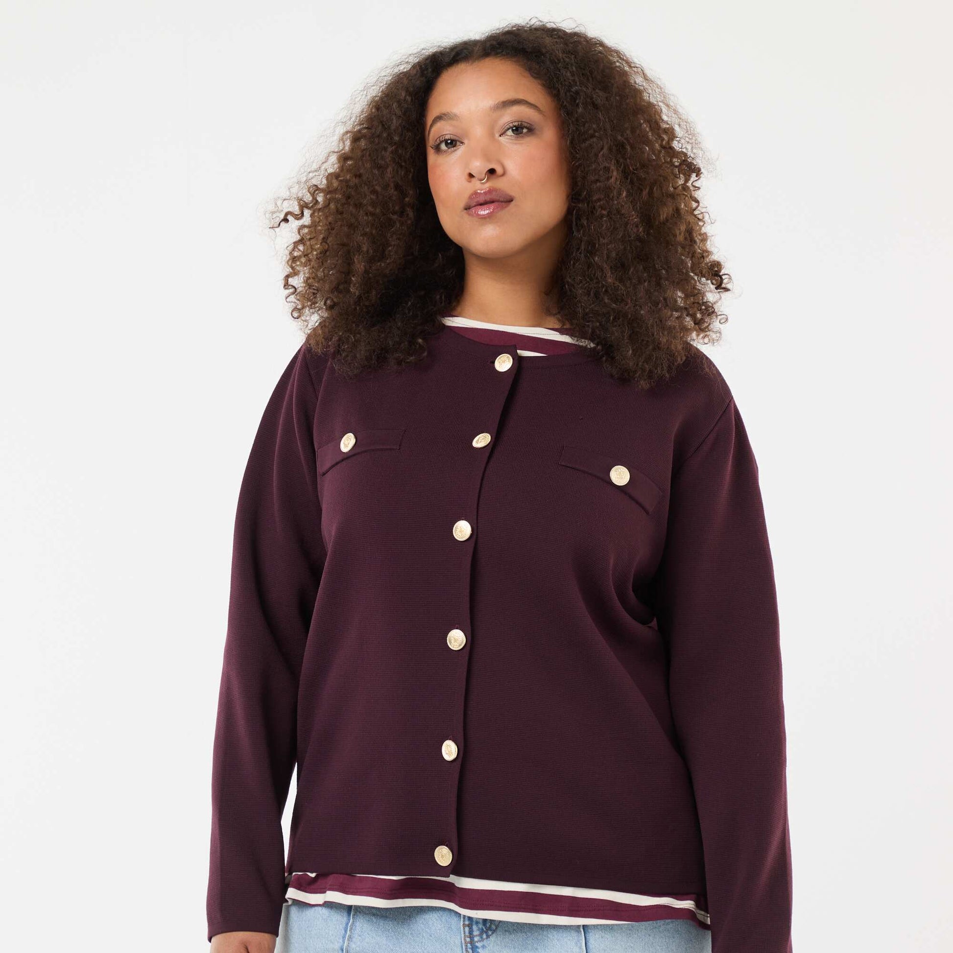 Gilet maille reliefée avec boutons rétro BORDEAUX