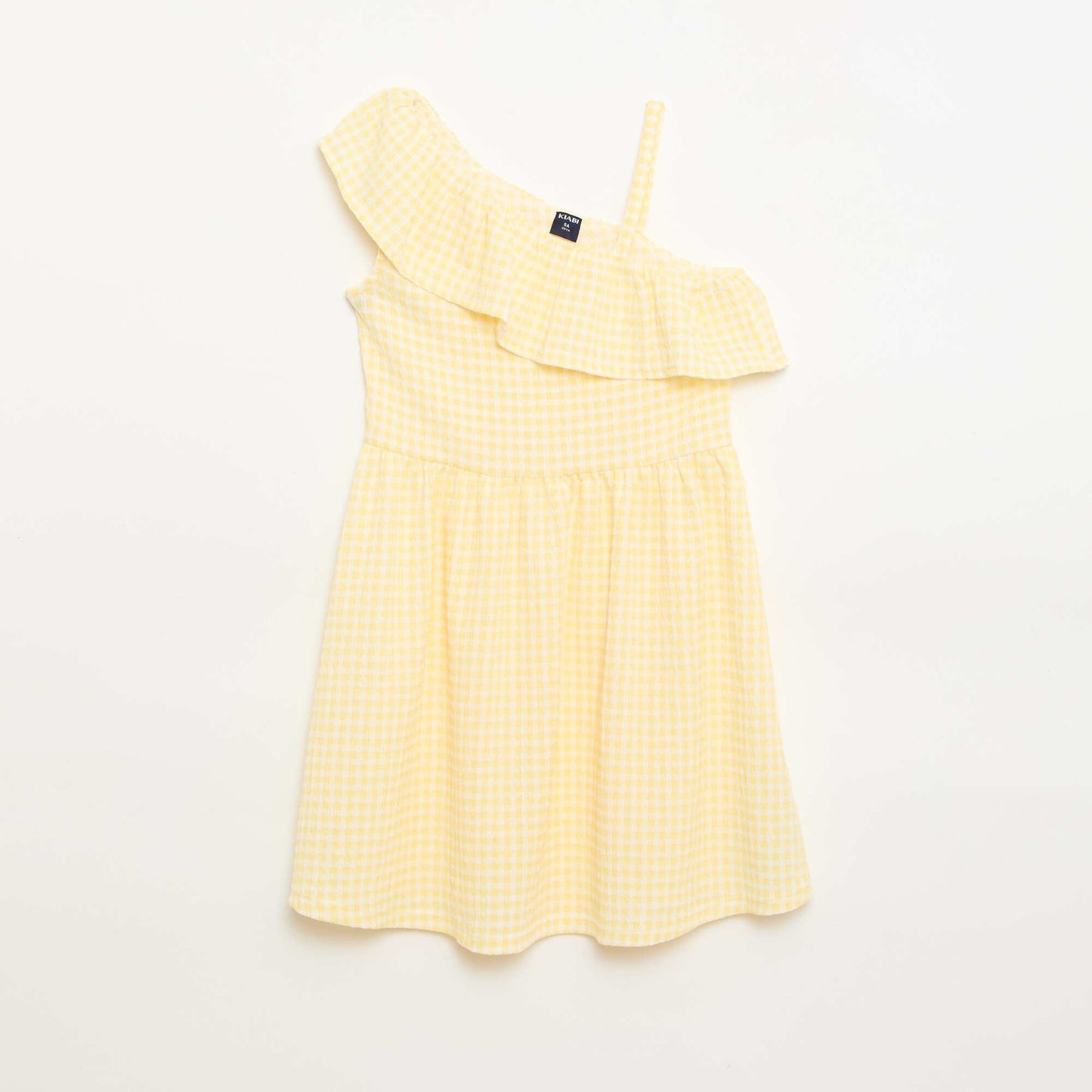 Robe à col asymétrique volanté motif Vichy JAUNE