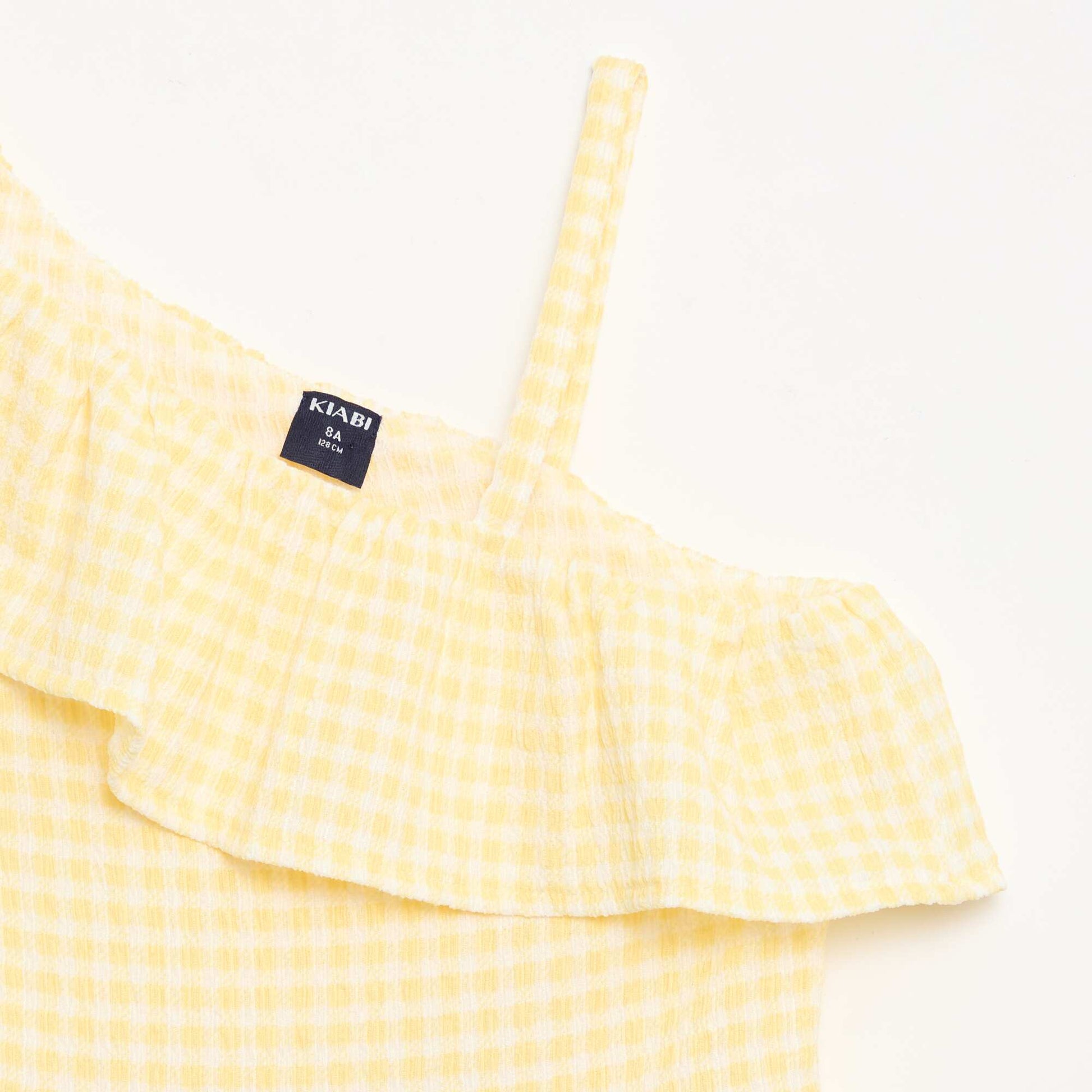 Robe à col asymétrique volanté motif Vichy JAUNE