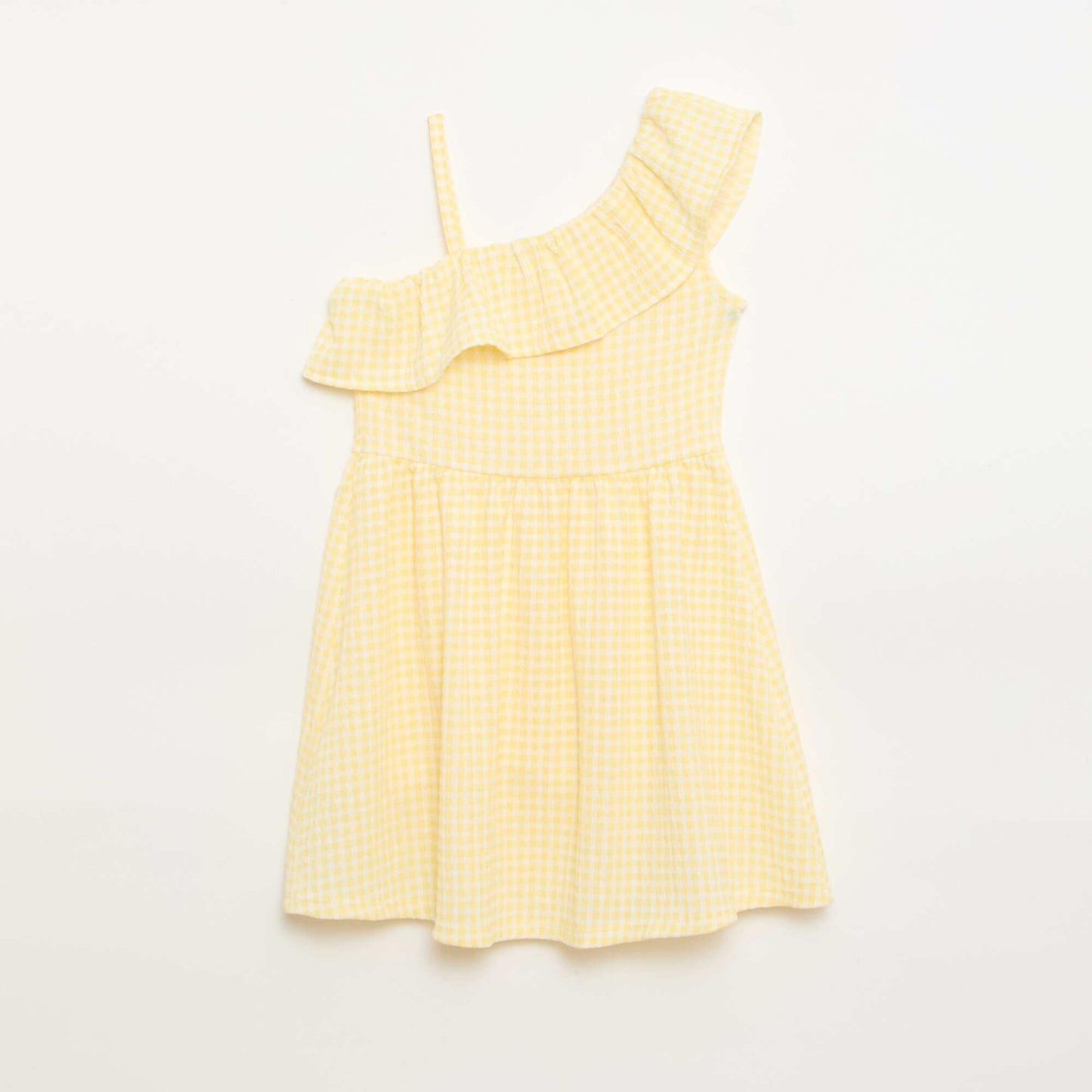 Robe à col asymétrique volanté motif Vichy JAUNE