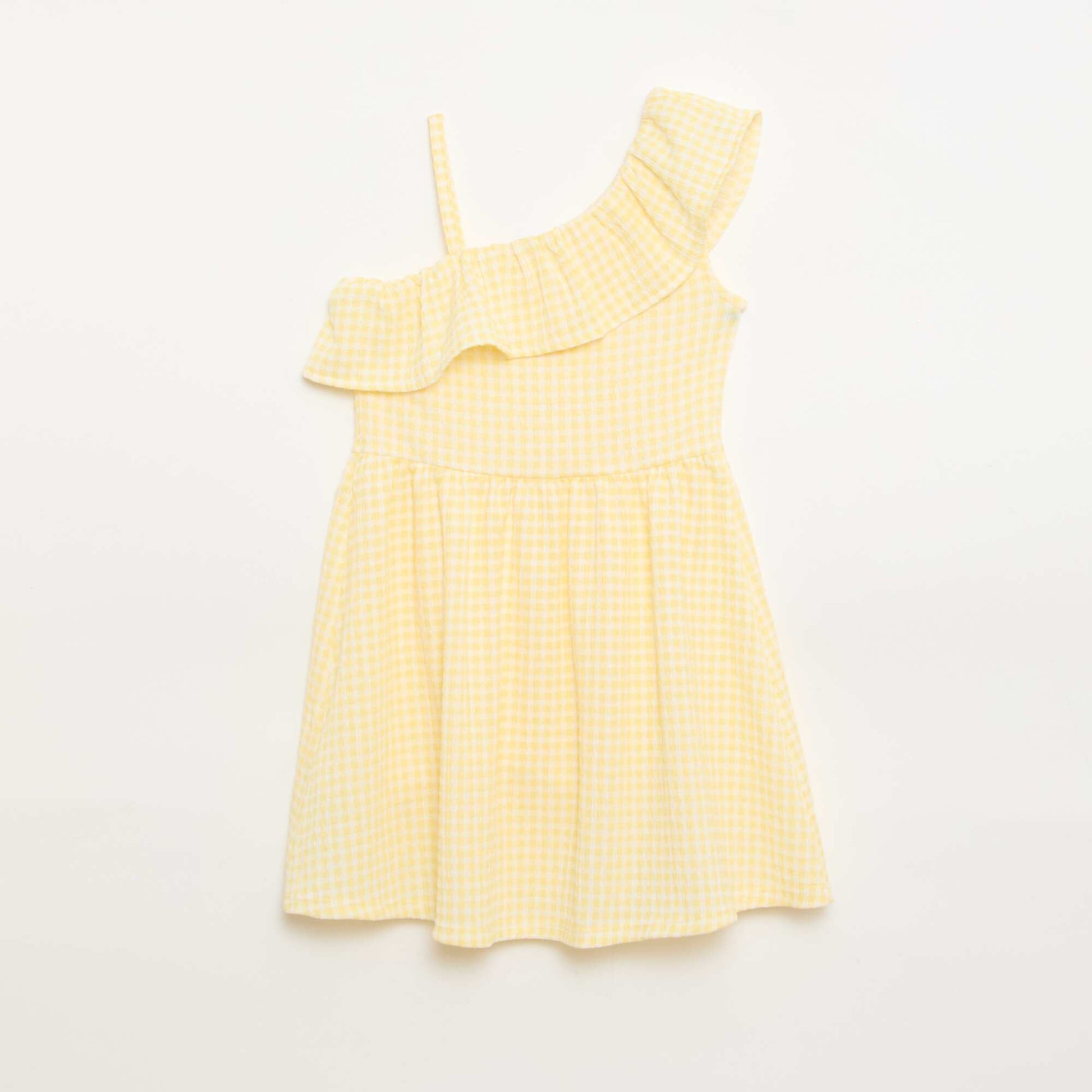 Robe à col asymétrique volanté motif Vichy JAUNE
