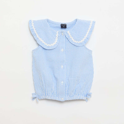 Blouse rayée en popeline en col claudine BLEU