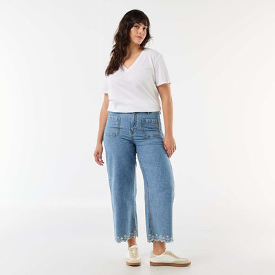 Jean wide leg taille haute avec poches plaquées devant et au dos STONE