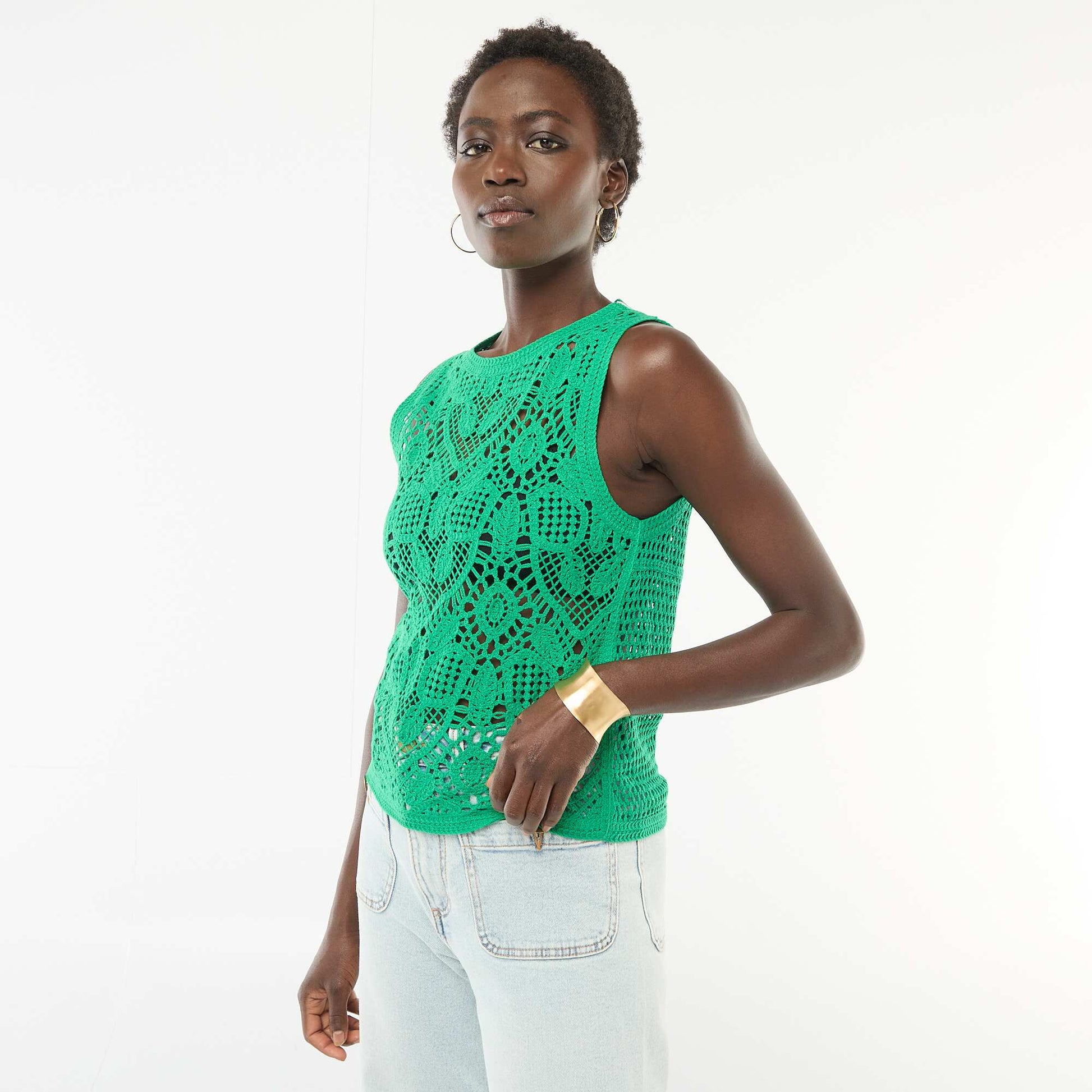 Top en crochet sans manches VERT