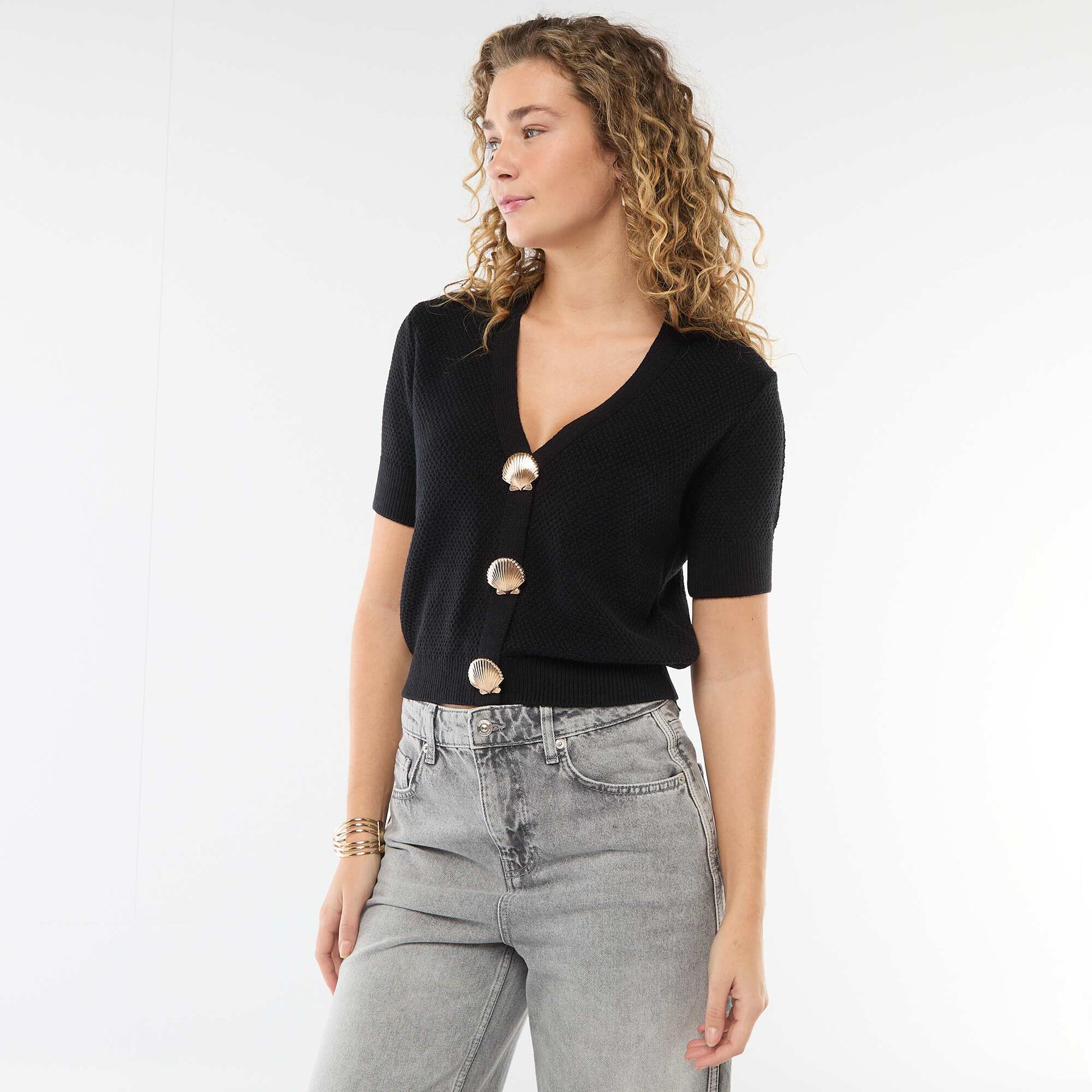 Gilet manches courtes à boutons fantaisies NOIR