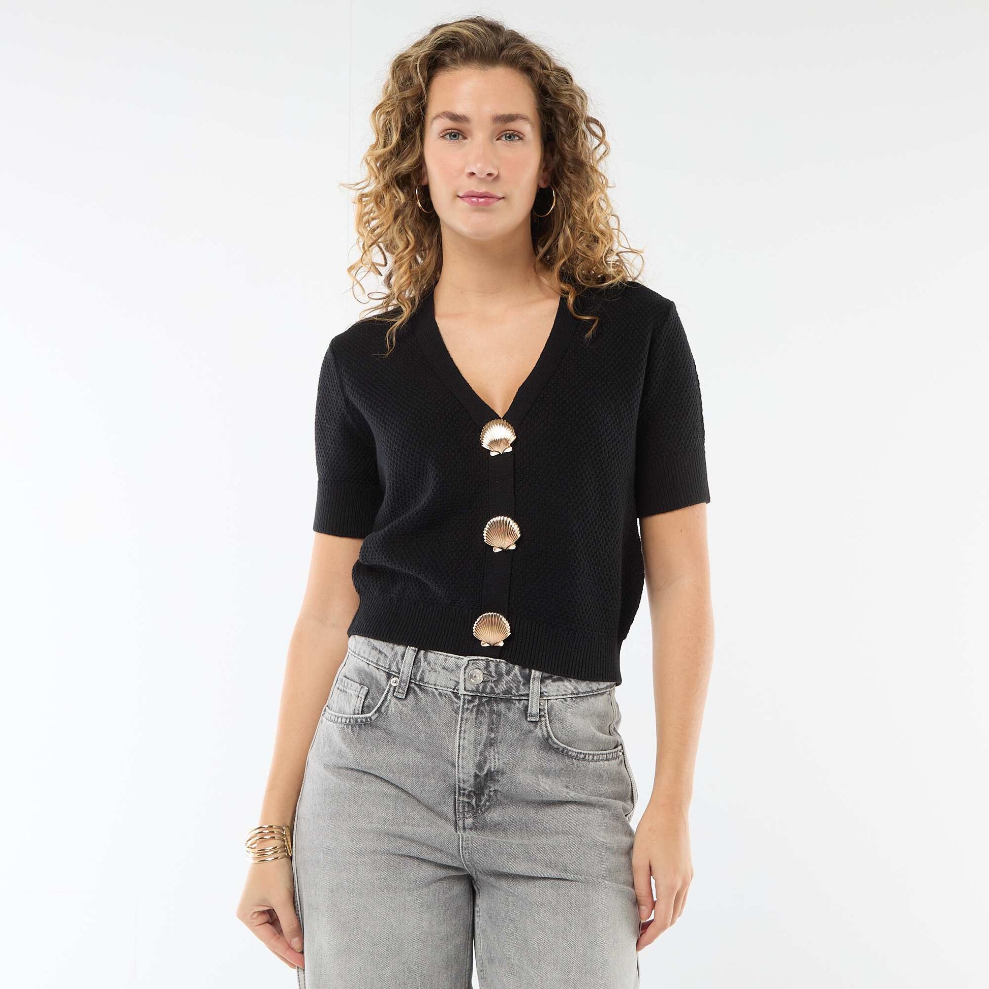 Gilet manches courtes à boutons fantaisies NOIR