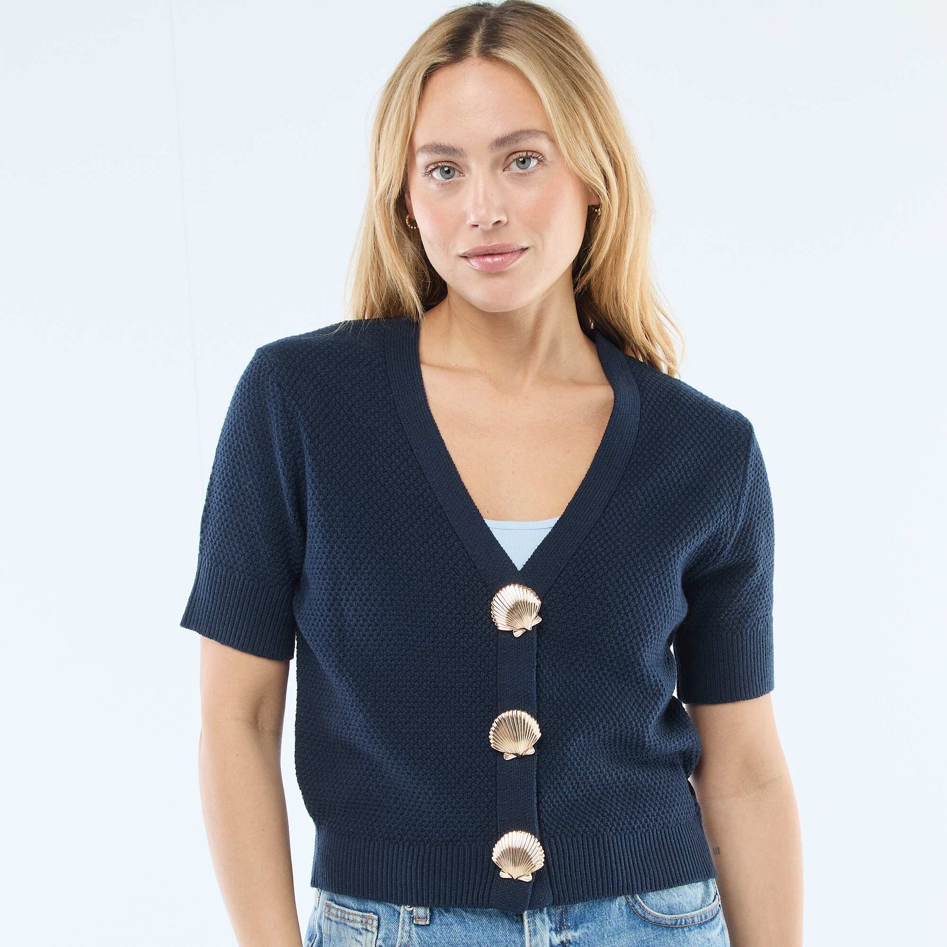 Gilet manches courtes à boutons fantaisies BLEU MARINE