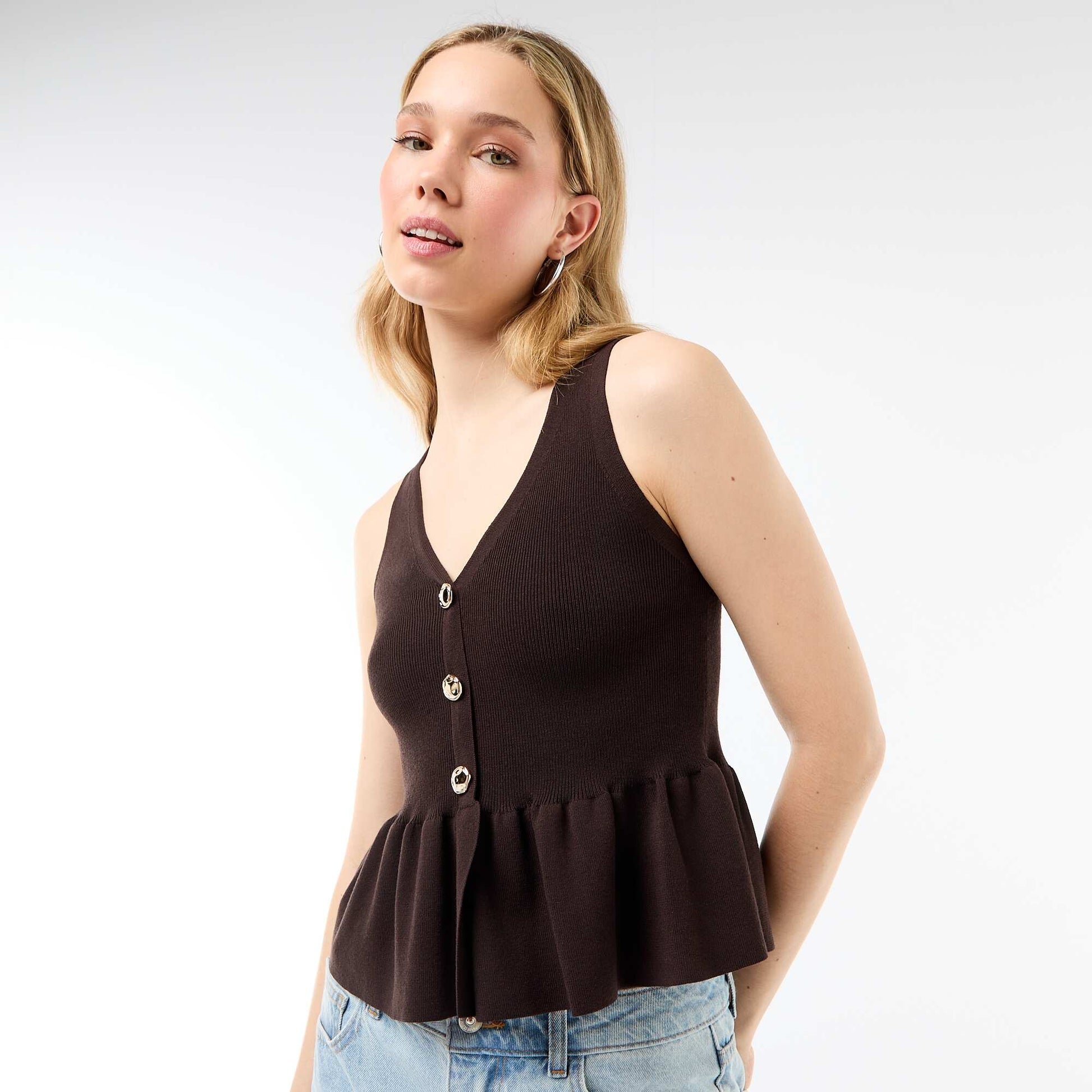 Gilet en maille fine jauge ouverture boutonnée MARRON