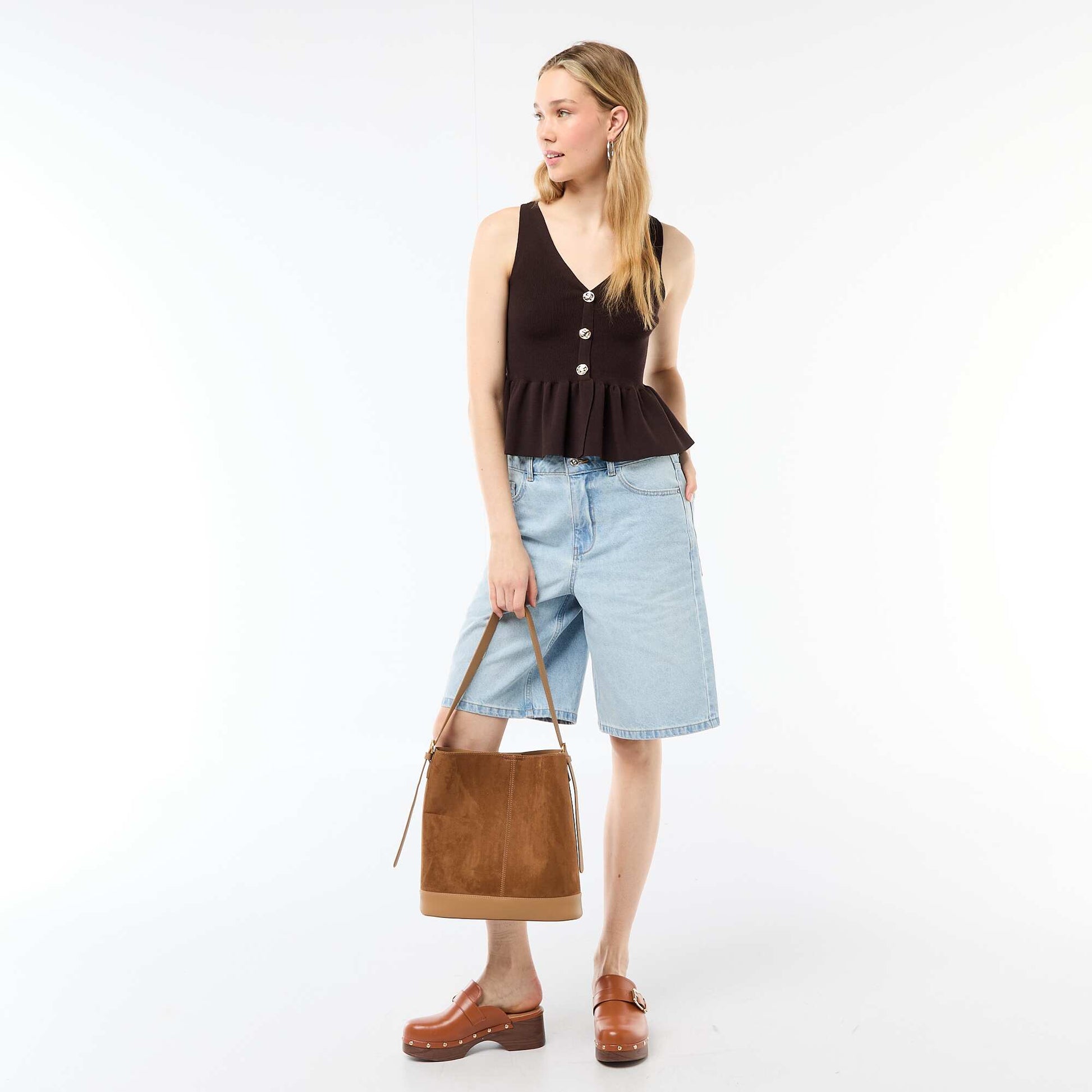 Gilet en maille fine jauge ouverture boutonnée MARRON