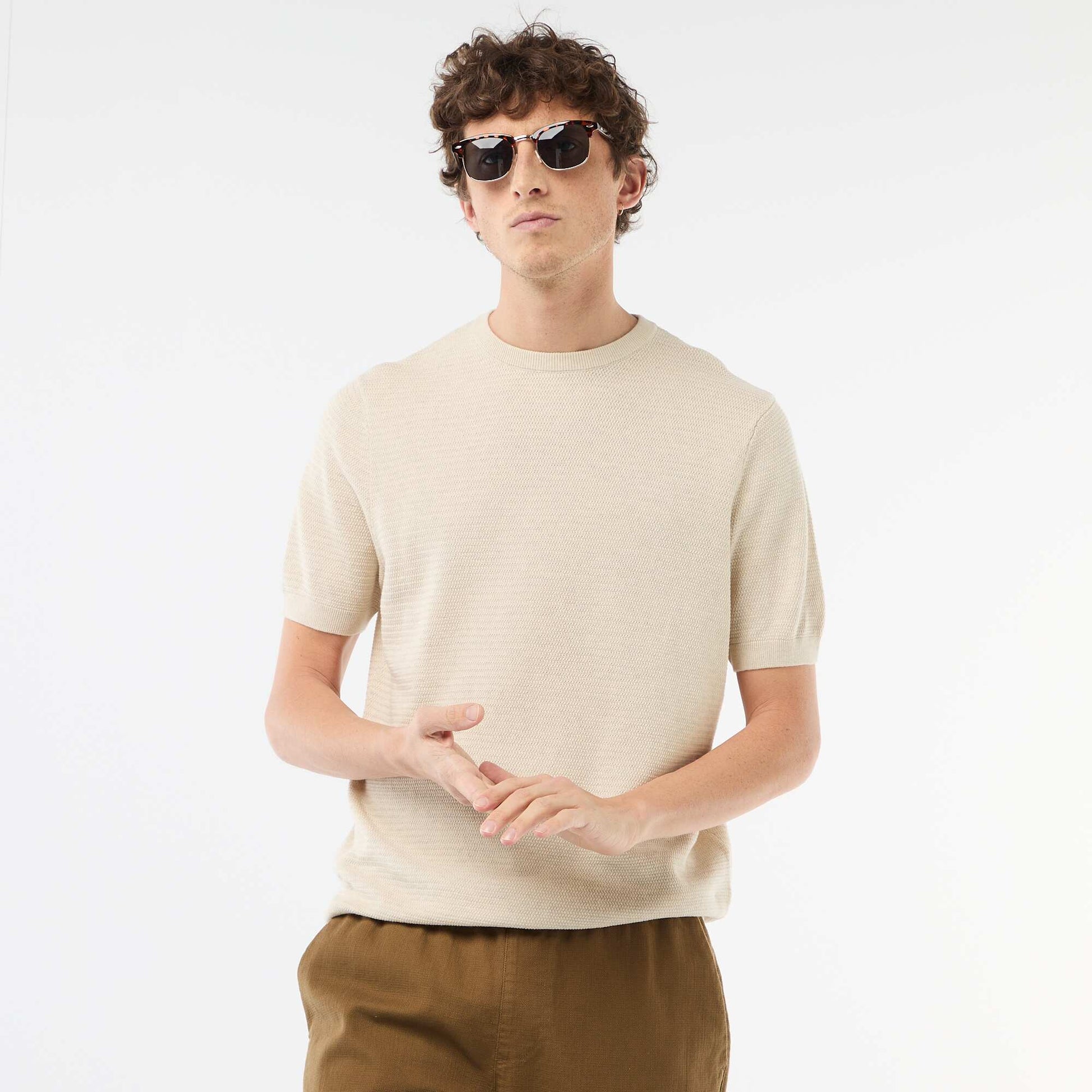 T-shirt à manches courtes en matière fantaisie BEIGE