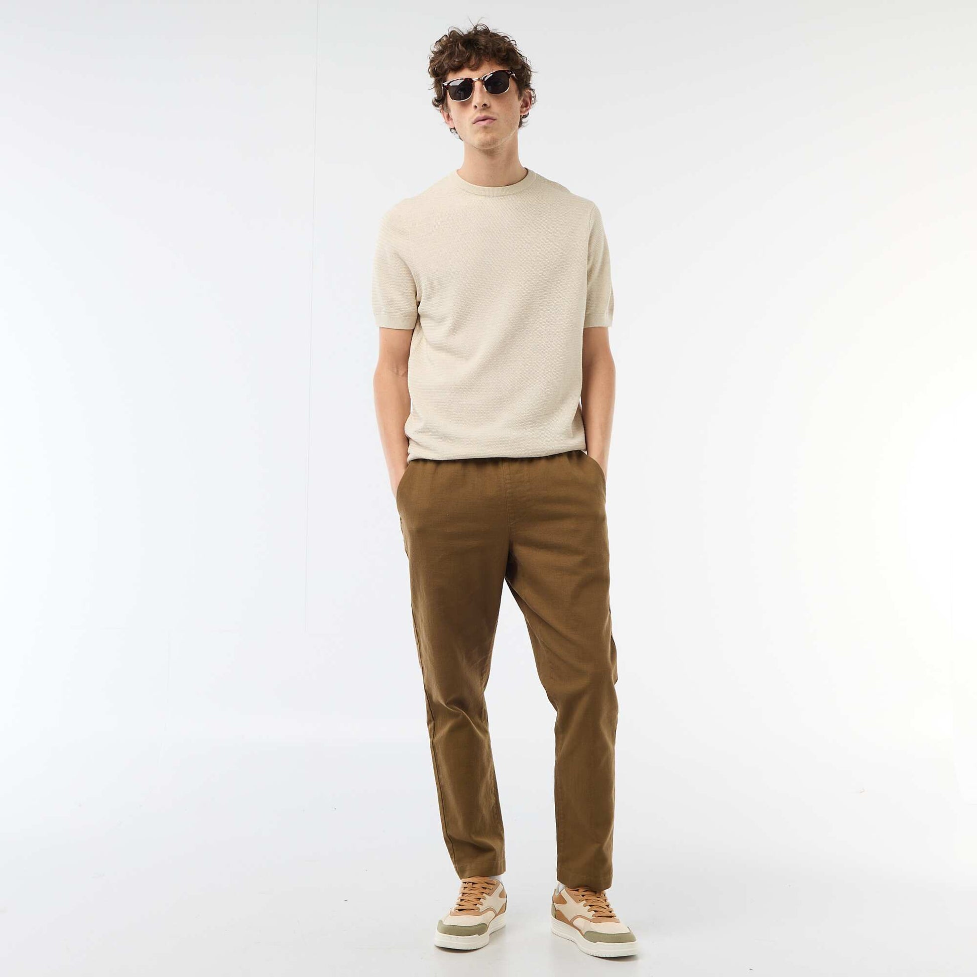T-shirt à manches courtes en matière fantaisie BEIGE