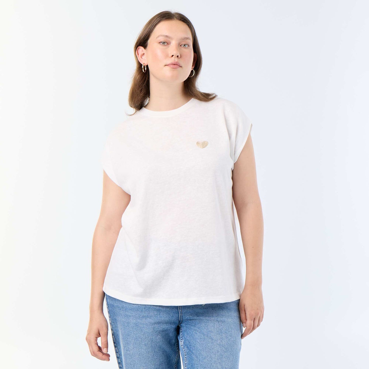 T-shirt en jersey sans manches avec petite broderie poitrine BEIGE