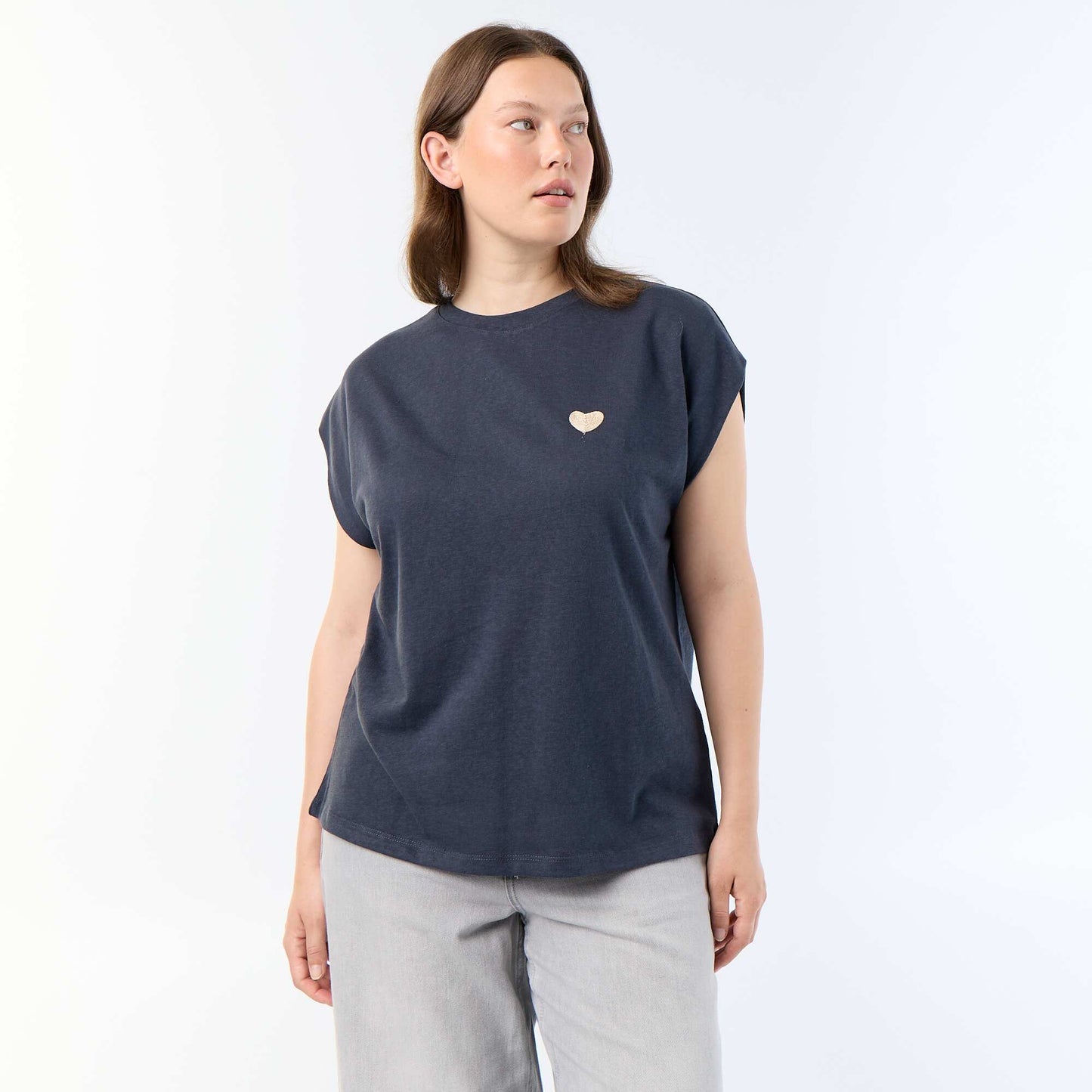 T-shirt en jersey sans manches avec petite broderie poitrine BLEU