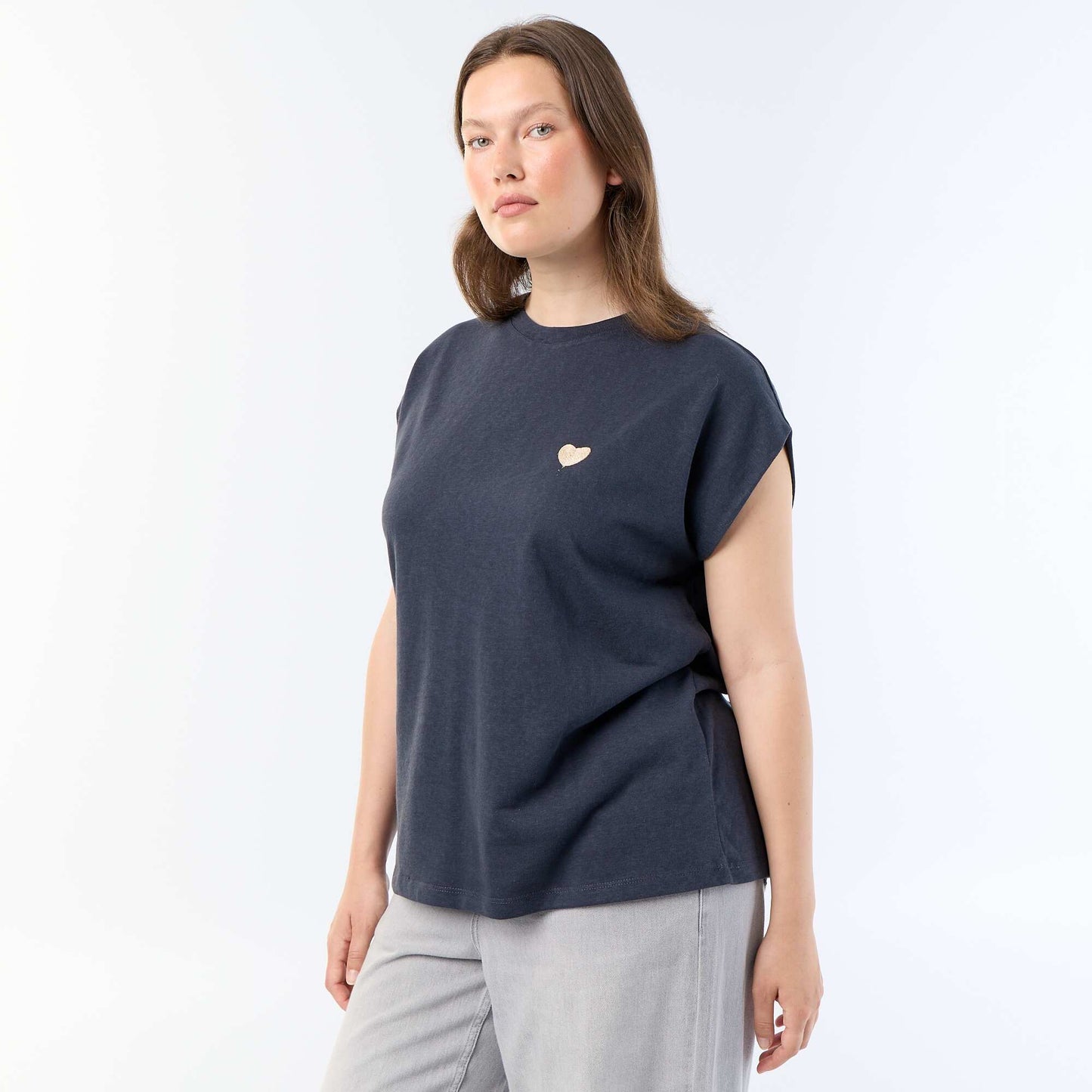 T-shirt en jersey sans manches avec petite broderie poitrine BLEU