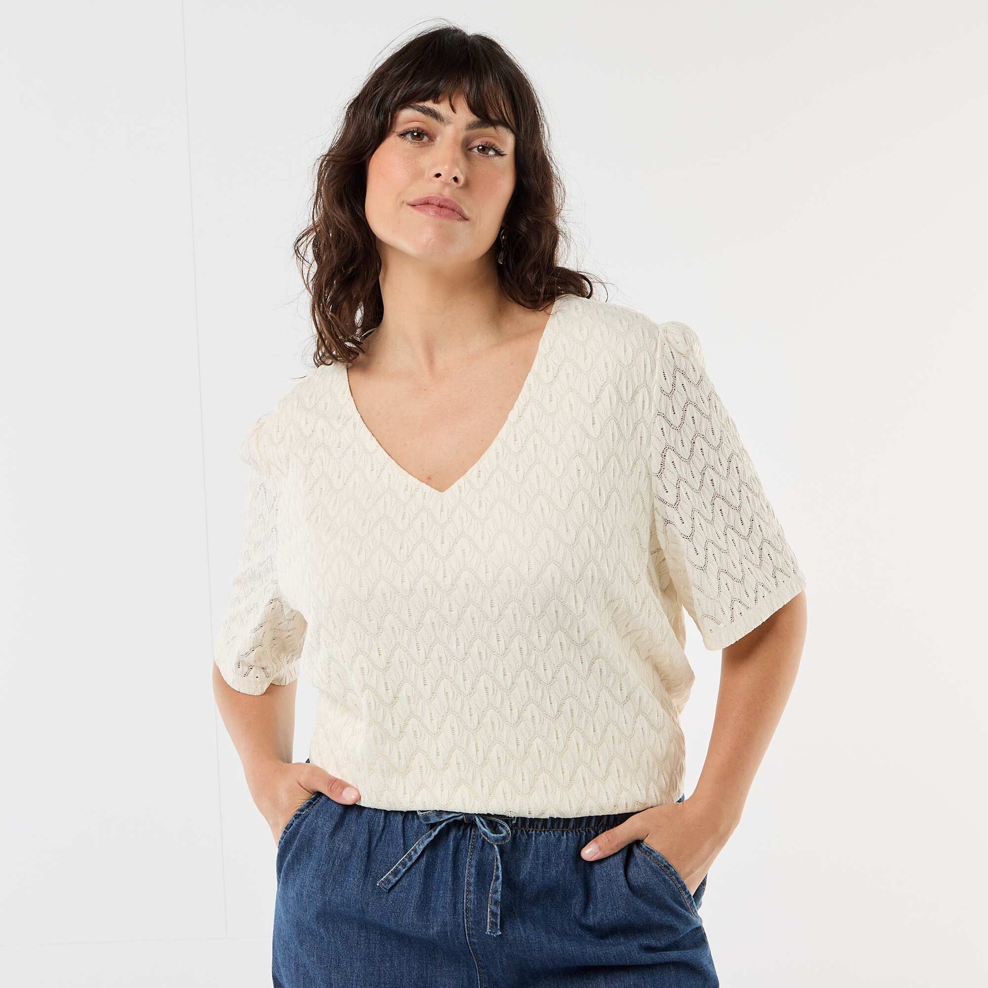 Tee-shirt en dentelle ajourée BEIGE