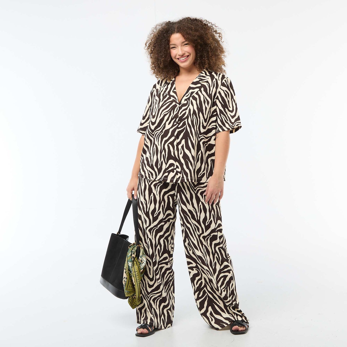 Pantalon large en maille gaufrée MARRON