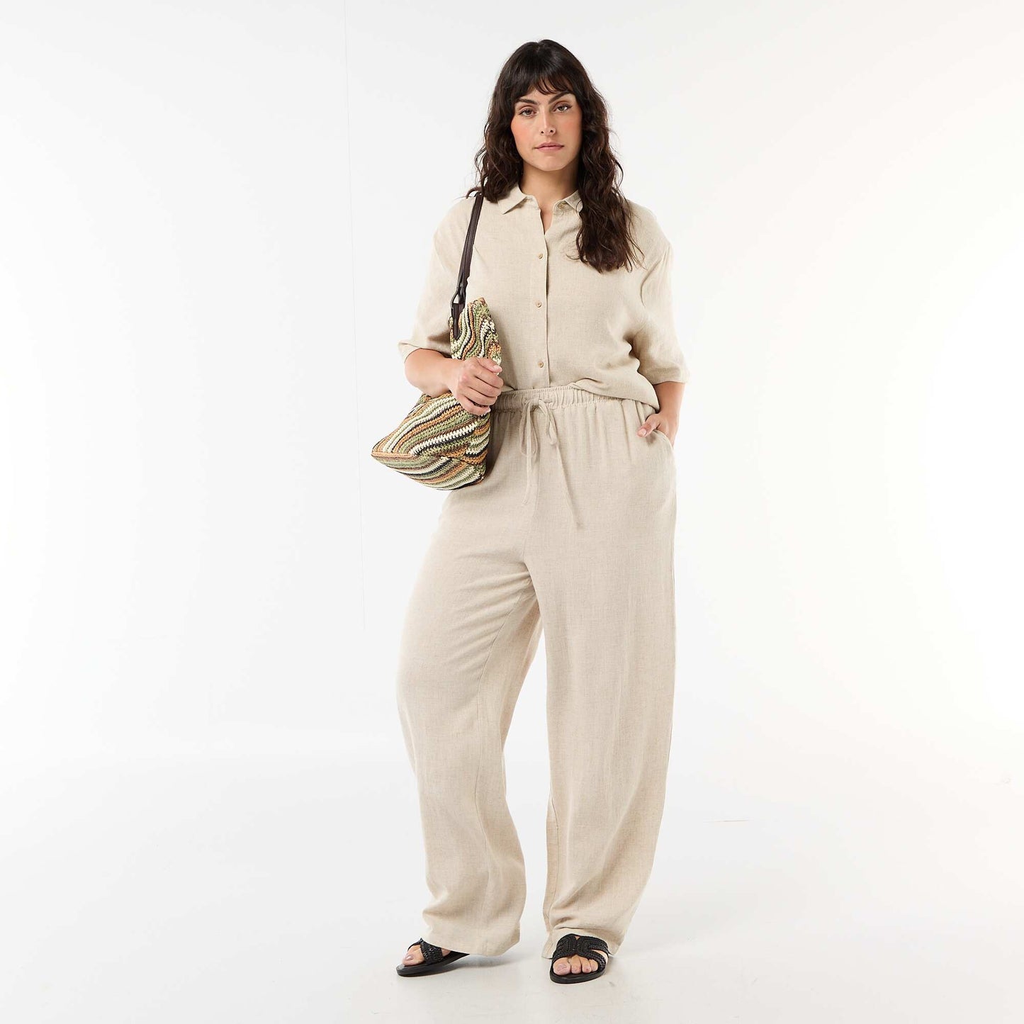 Pantalon uni en lin mélangé BEIGE