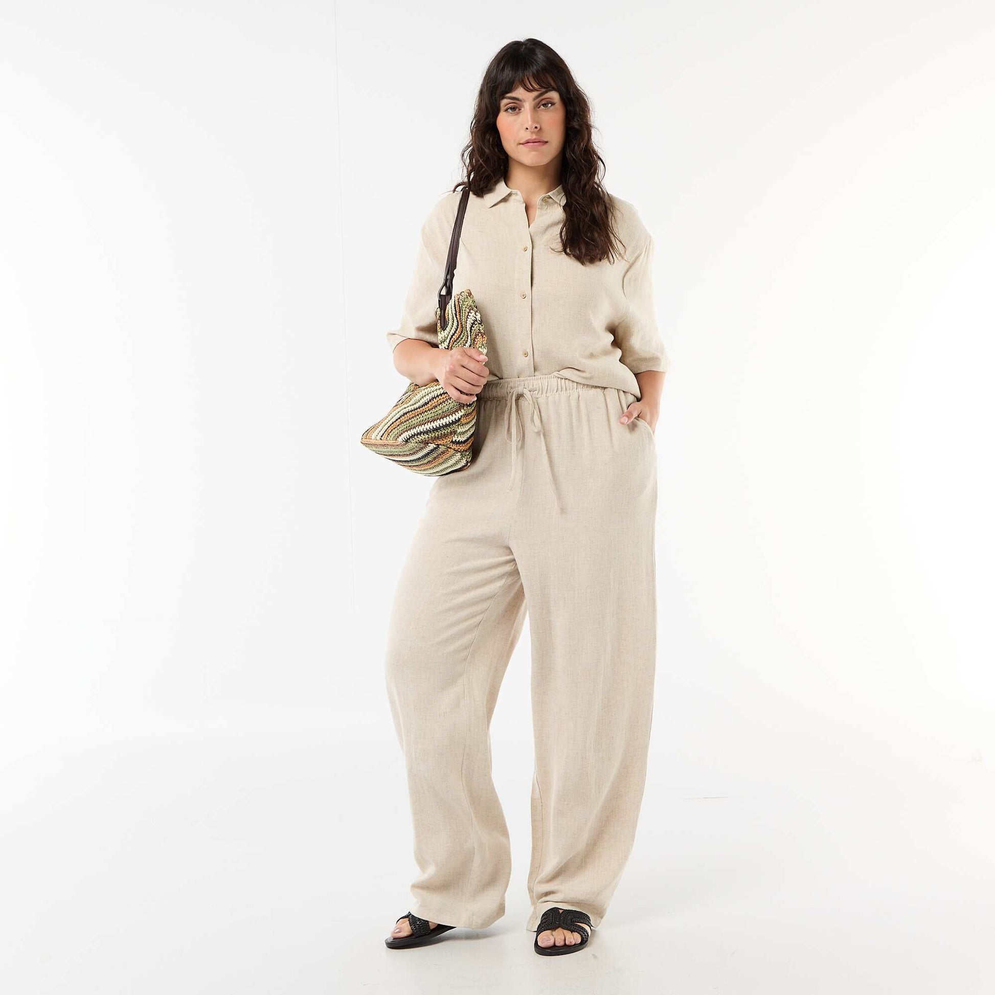 Pantalon uni en lin mélangé BEIGE