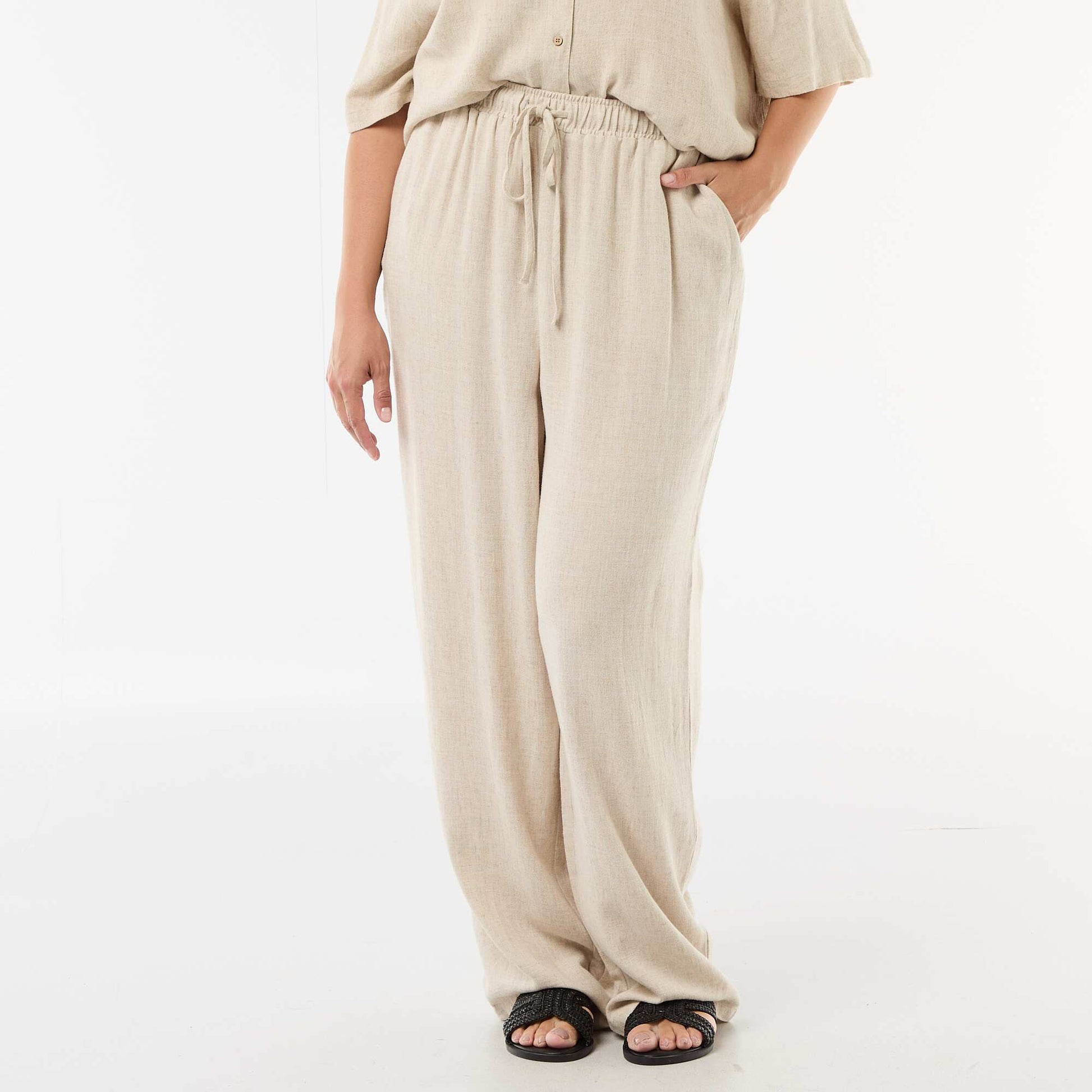 Pantalon uni en lin mélangé BEIGE