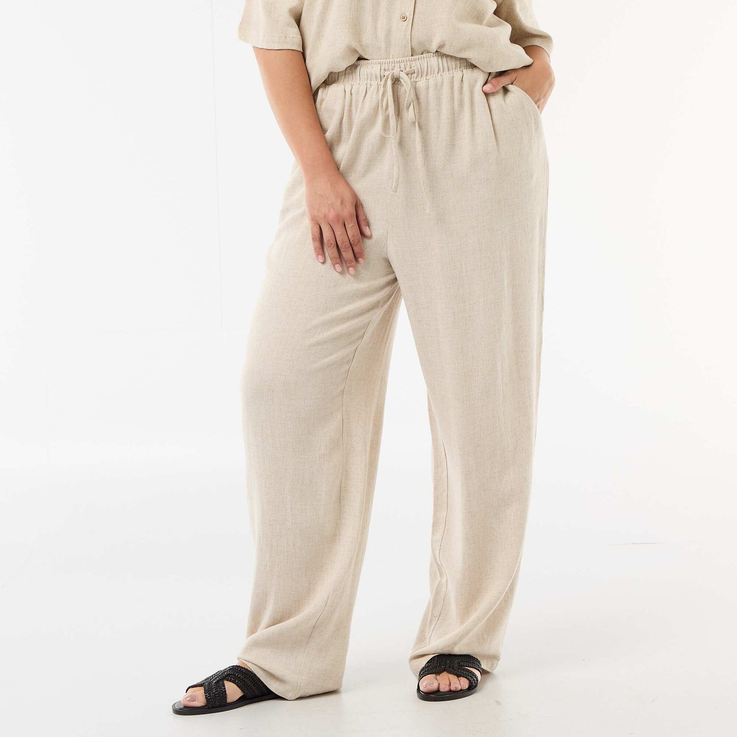 Pantalon uni en lin mélangé BEIGE